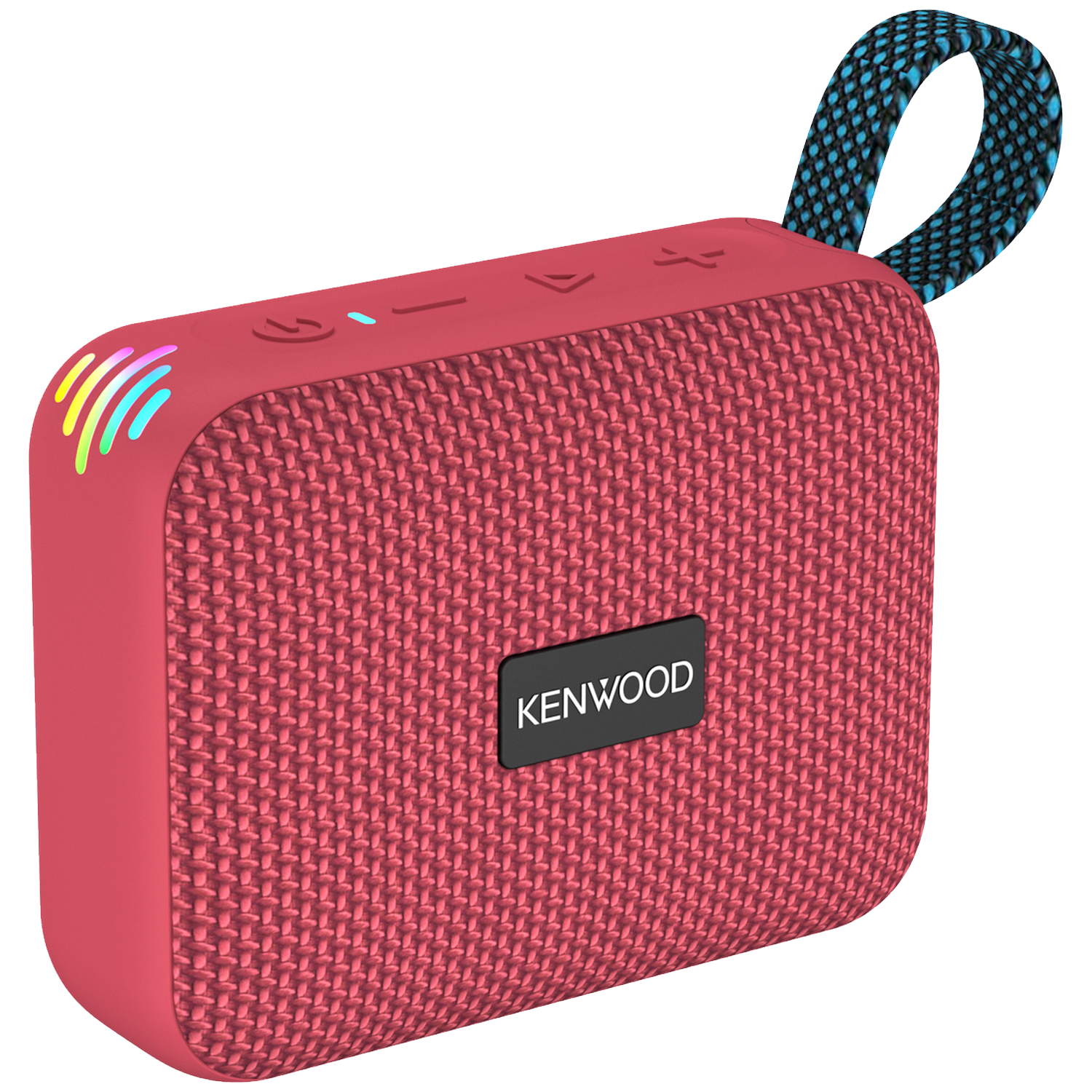 Rode Kenwood-luidspreker met een blauwe band. De luidspreker heeft een geweven textuur en gekleurde lampjes aan de zijkant.