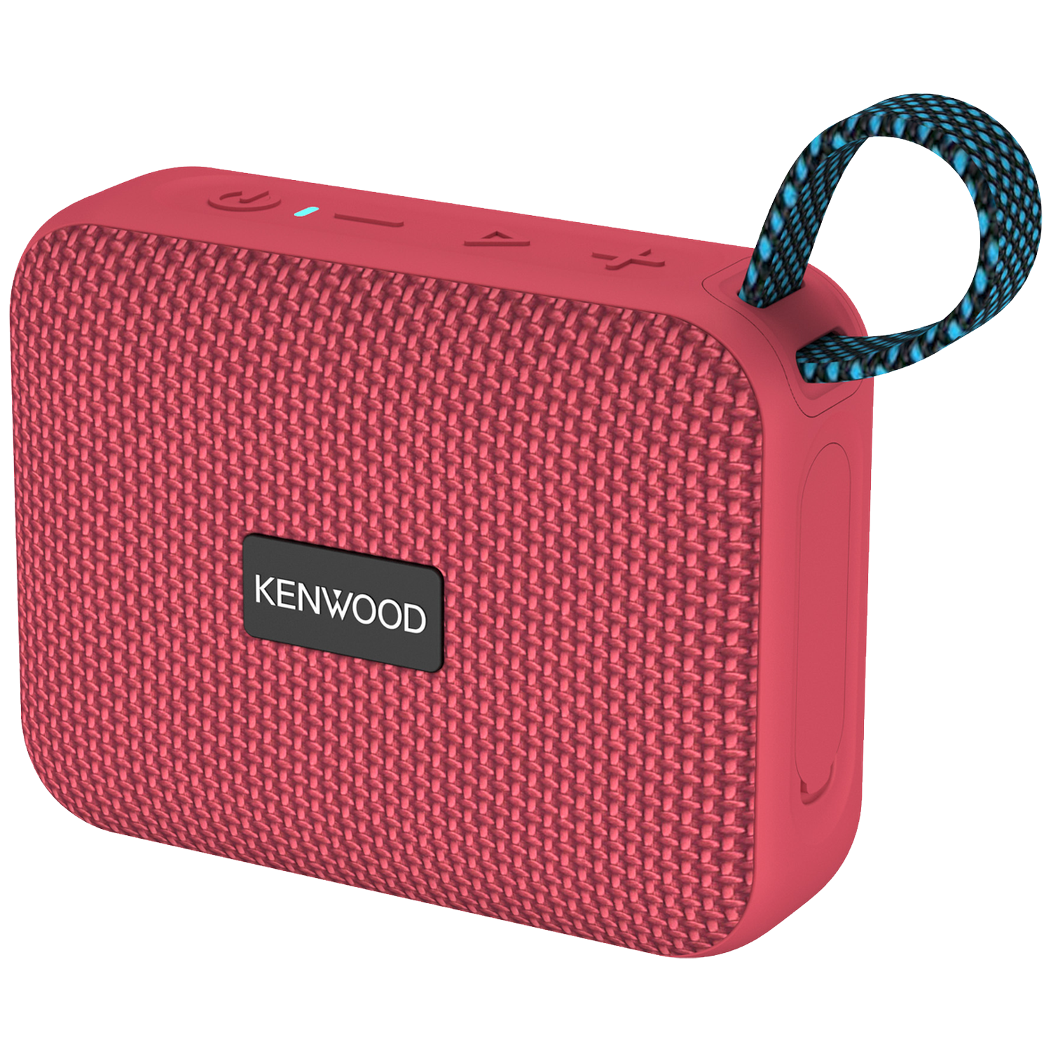 Rode Kenwood-luidspreker met een geweven voorkant, bedieningsknoppen en een blauw-zwarte band. De achtergrond is wit.