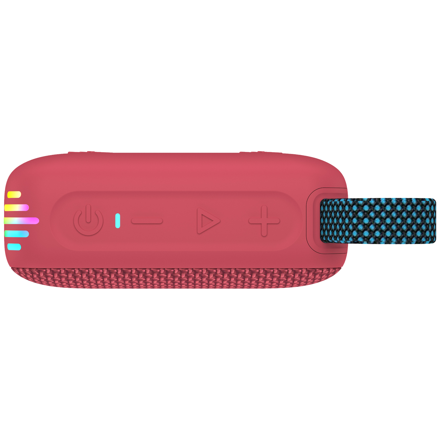 Een rode draagbare speaker met knoppen en een handvat. Het handvat heeft een blauw en zwart patroon. De speaker heeft een mesh bodem.
