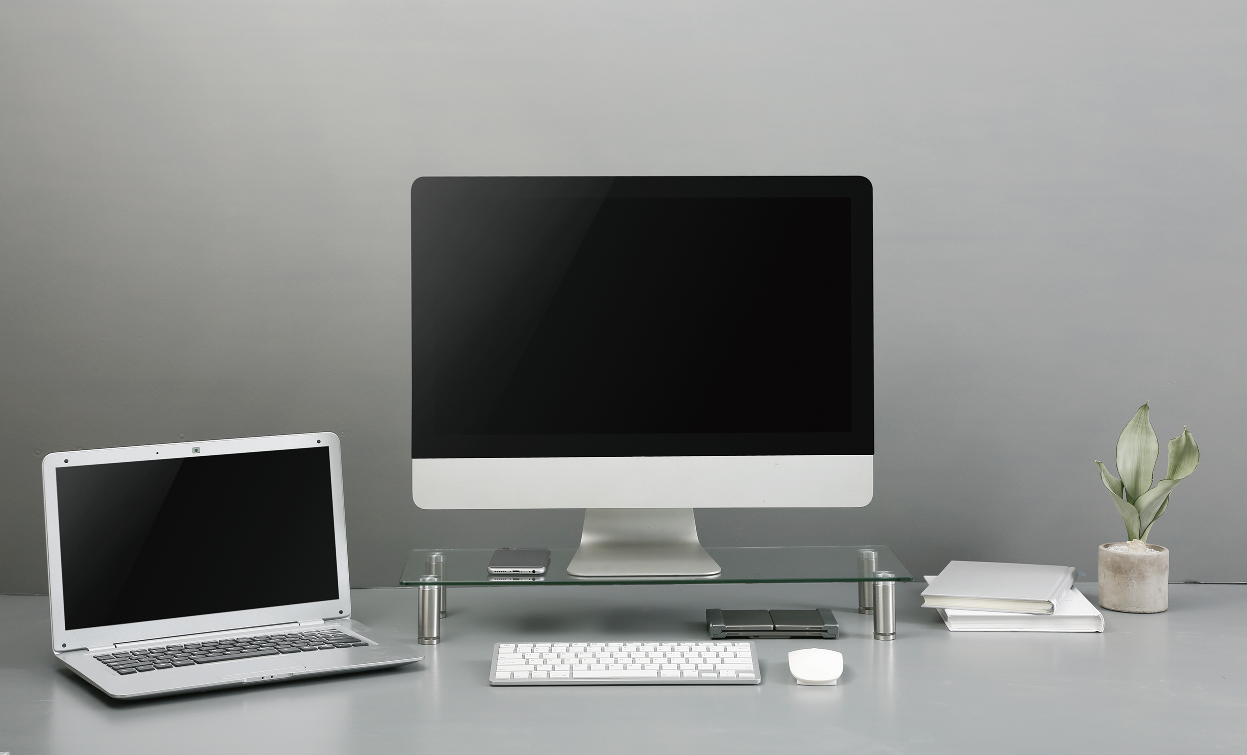 Egy asztal laptop, monitor, billentyűzet, egér, könyvek és egy növény. Szürke fal a háttérben.
