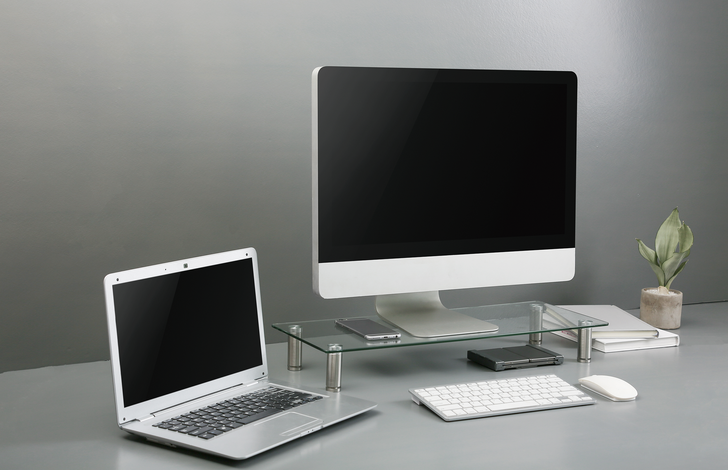 Asztali elrendezés laptop, monitor, billentyűzet, egér és kis növény. A háttér szürke fal.
