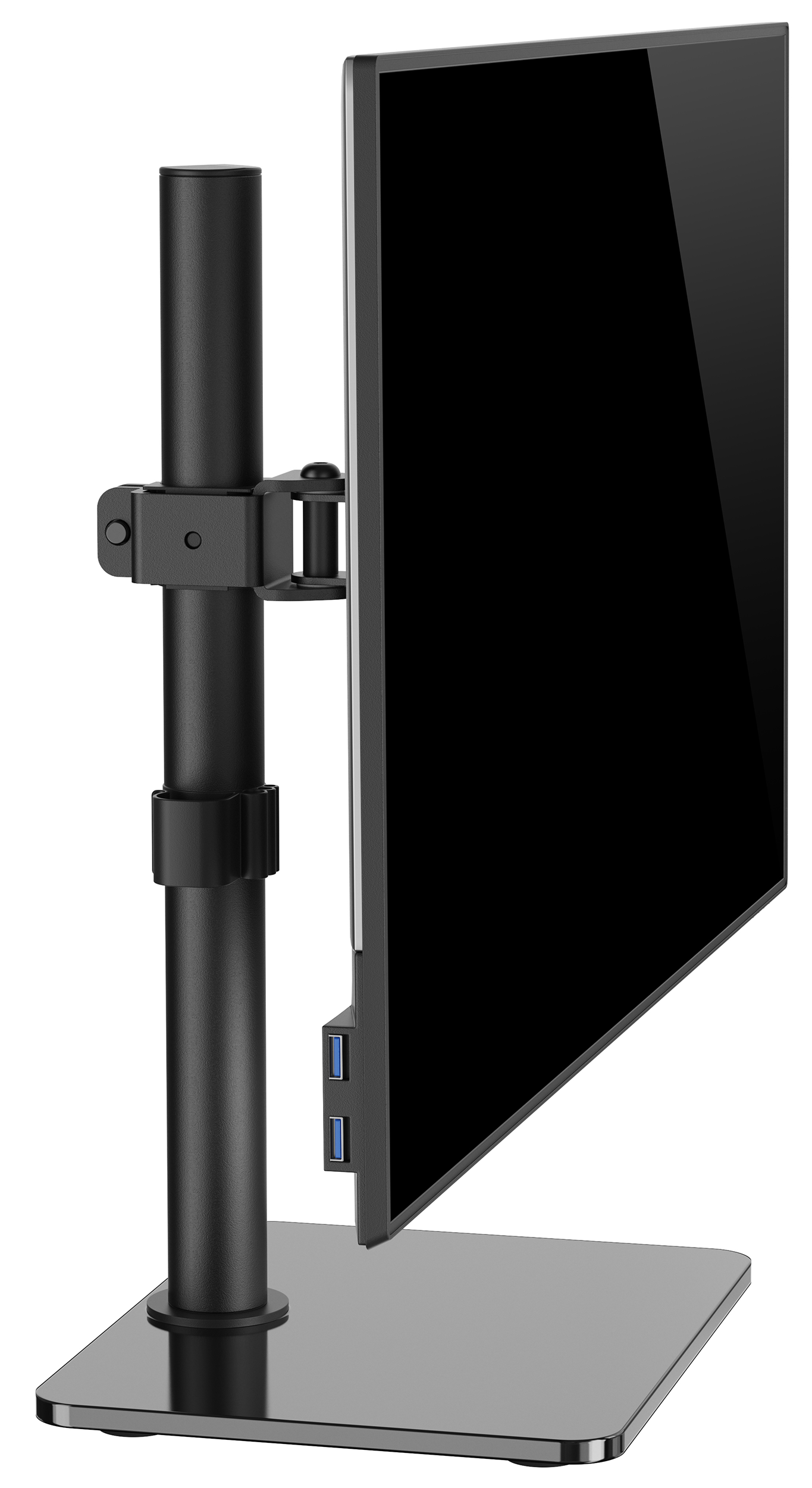 Fekete számítógép monitor fekete állványon. A monitor enyhén szögben áll. Az USB-portok az oldalán láthatók.