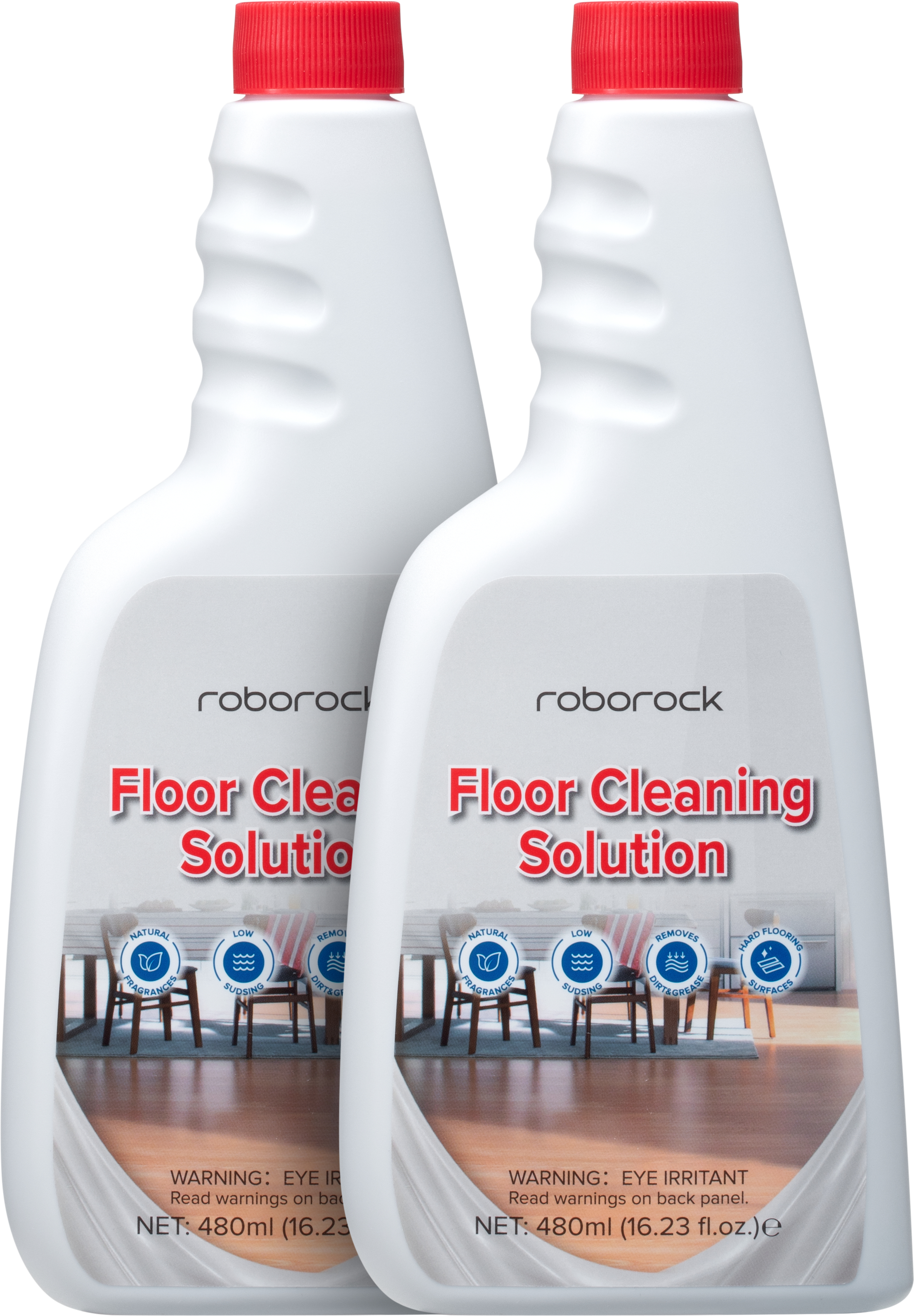 Zwei weiße Bodenreinigerflaschen mit roten Verschlüssen. Auf den Etiketten steht 'Floor Cleaning Solution'.