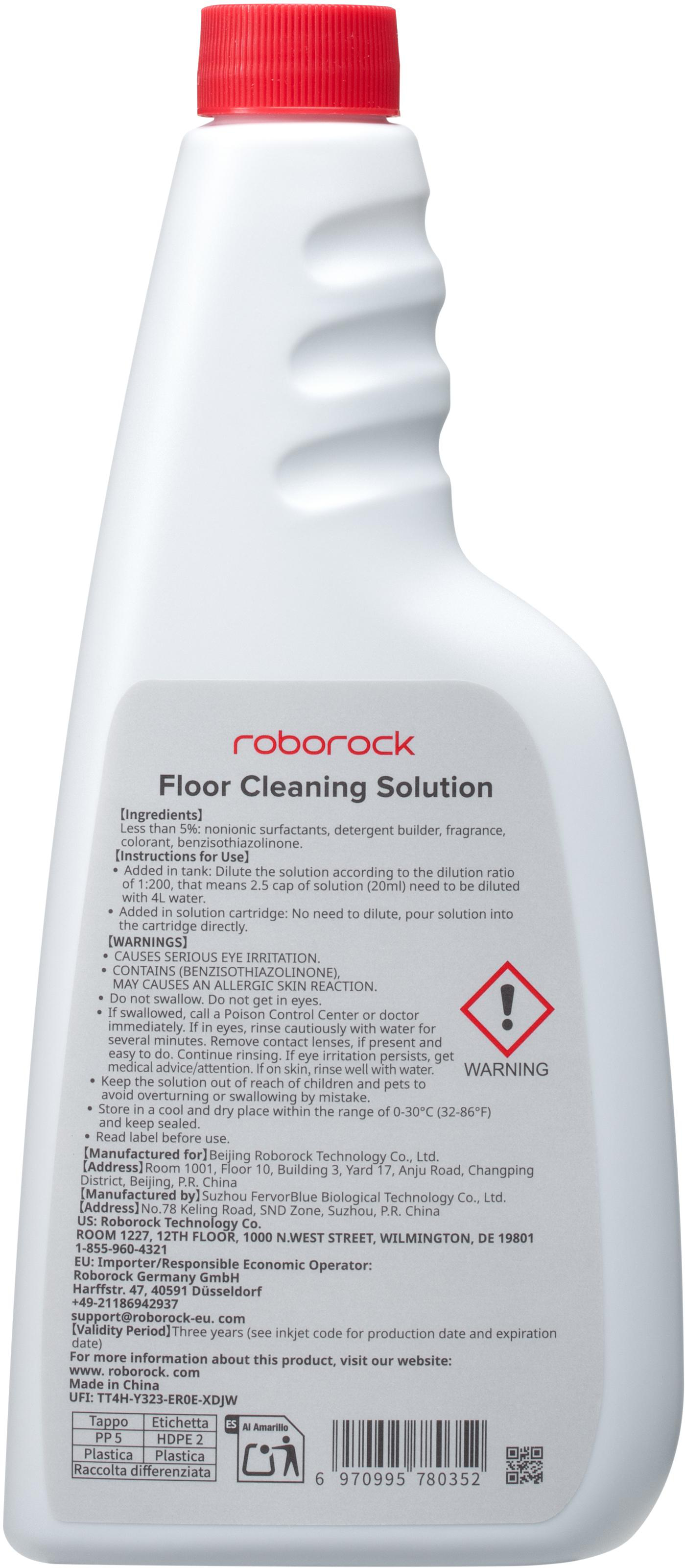 Weiße Roborock-Bodenreinigerflasche mit rotem Deckel. Textetiketten sind sichtbar.