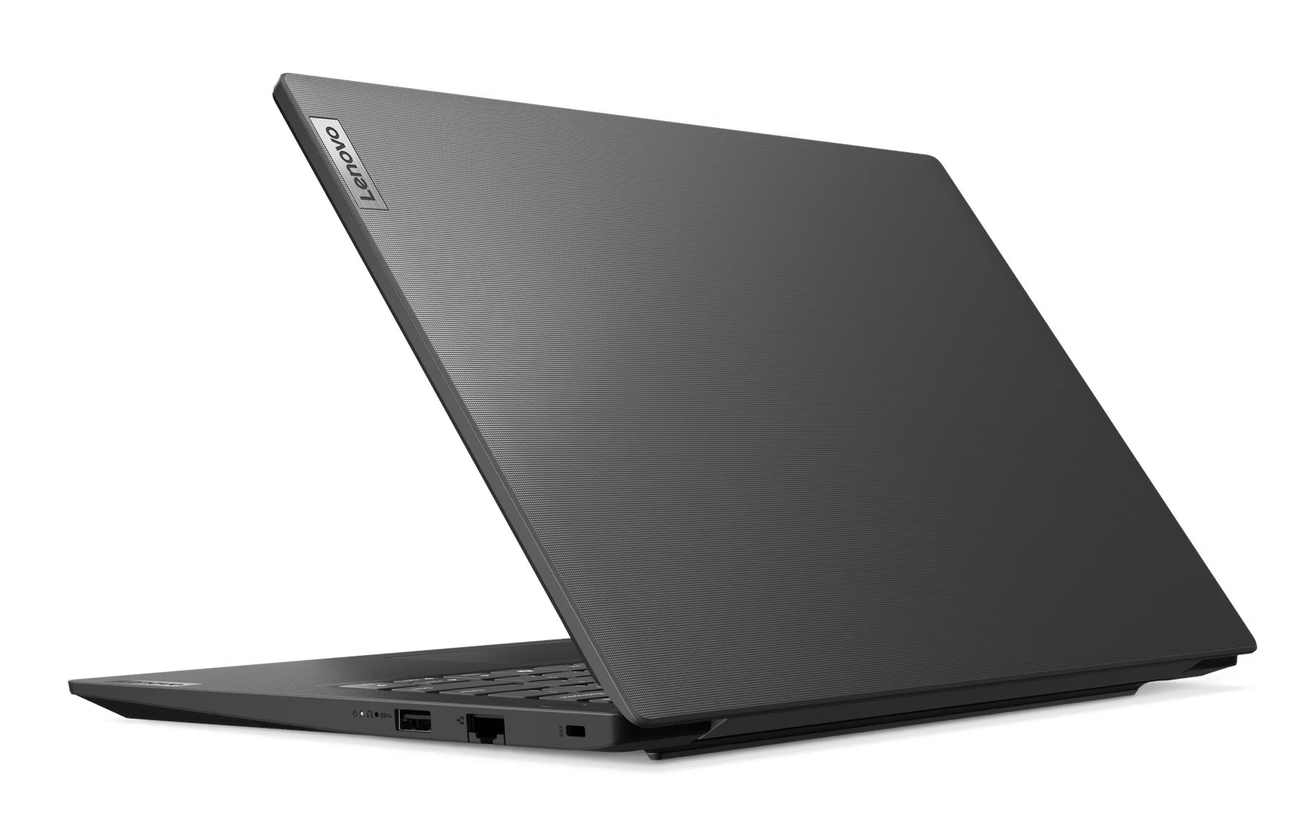 Czarny laptop Lenovo jest otwarty na białym tle. Ekran jest odchylony do tyłu, pokazując klawiaturę i tył pokrywy.