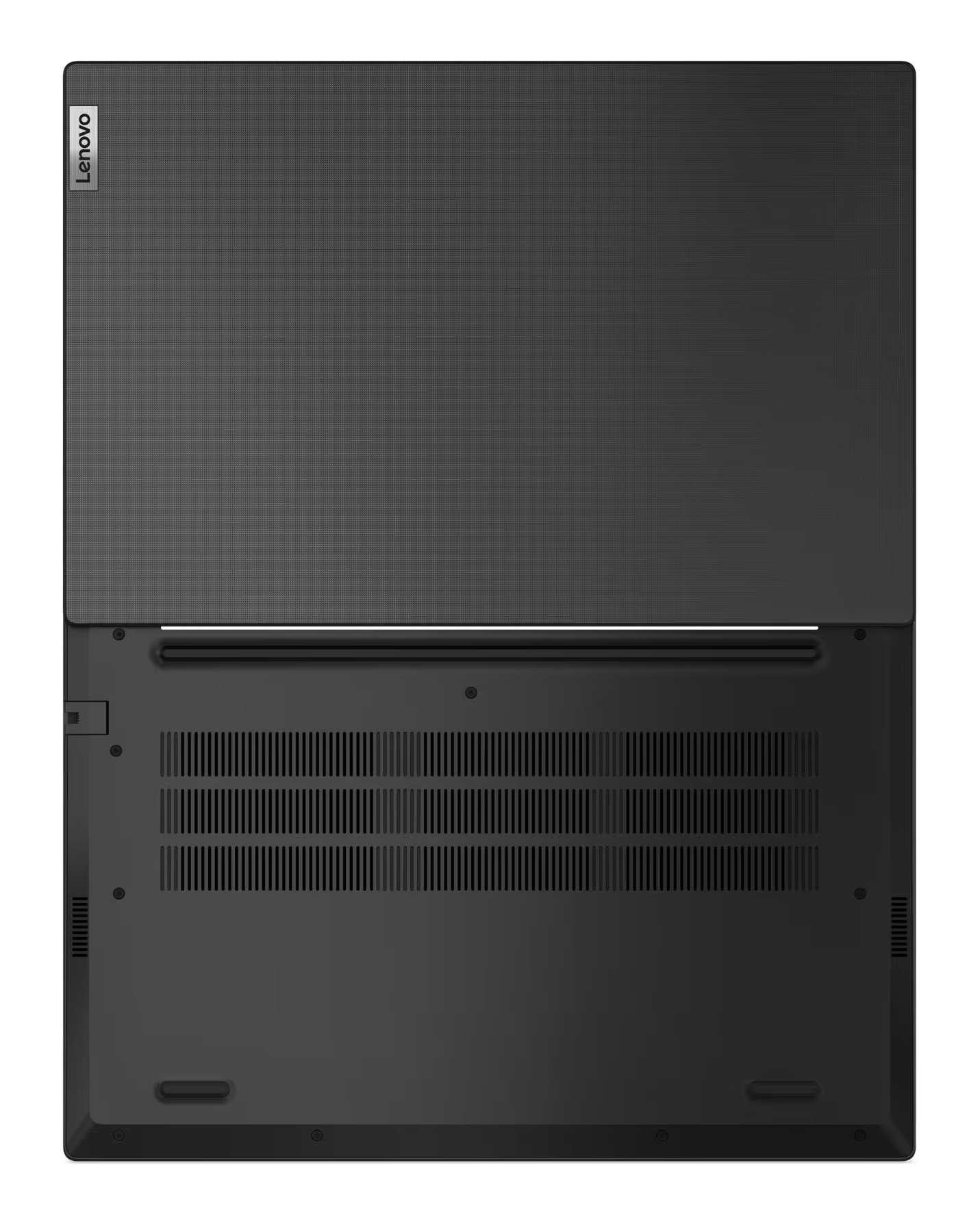 Widok z góry na czarnego laptopa Lenovo. Pokrywa jest otwarta. Spód ma otwory wentylacyjne i porty.