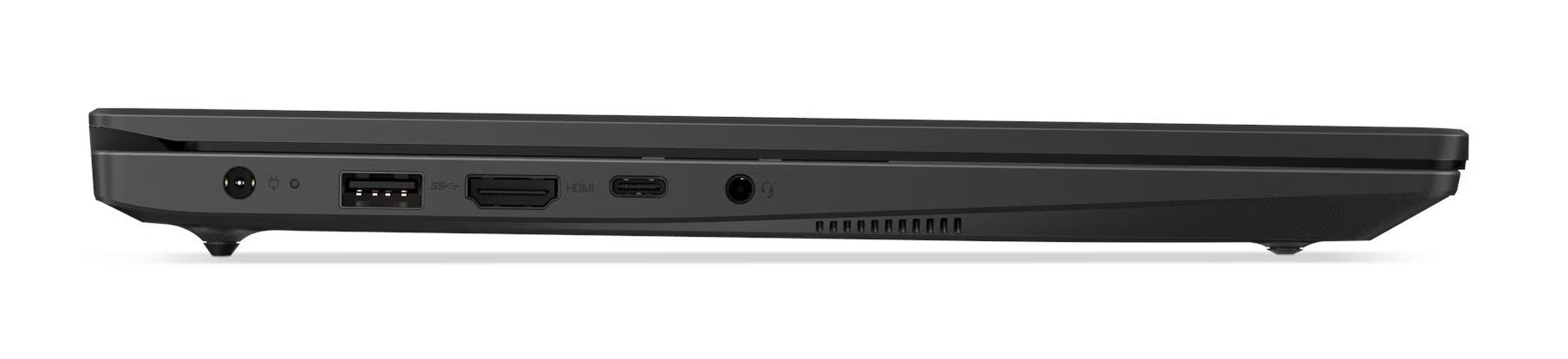Widok z boku czarnego laptopa, pokazujący porty: USB, HDMI, audio i zasilanie. Laptop ma otwory wentylacyjne i gumowe nóżki.