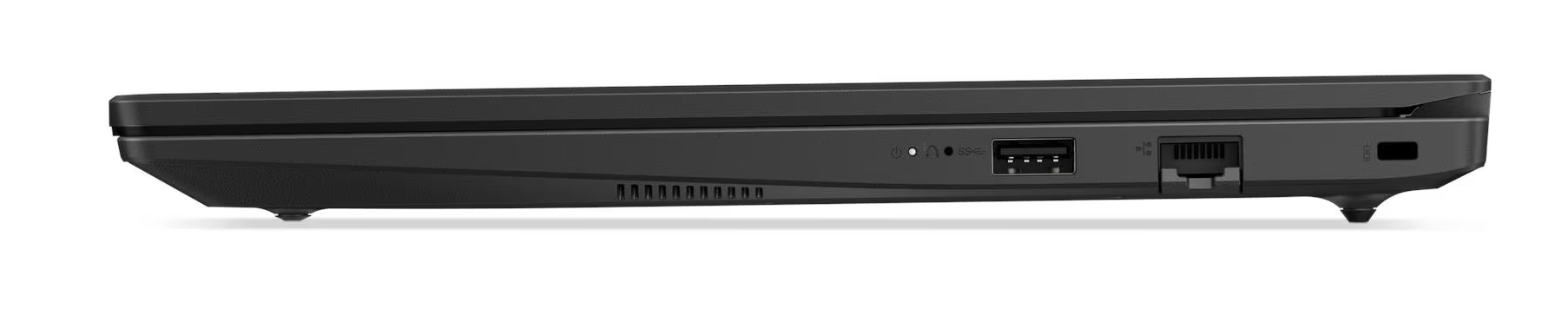 Widok z boku czarnego laptopa. Pokazuje porty, otwory wentylacyjne i przycisk zasilania. Laptop jest na białej powierzchni.
