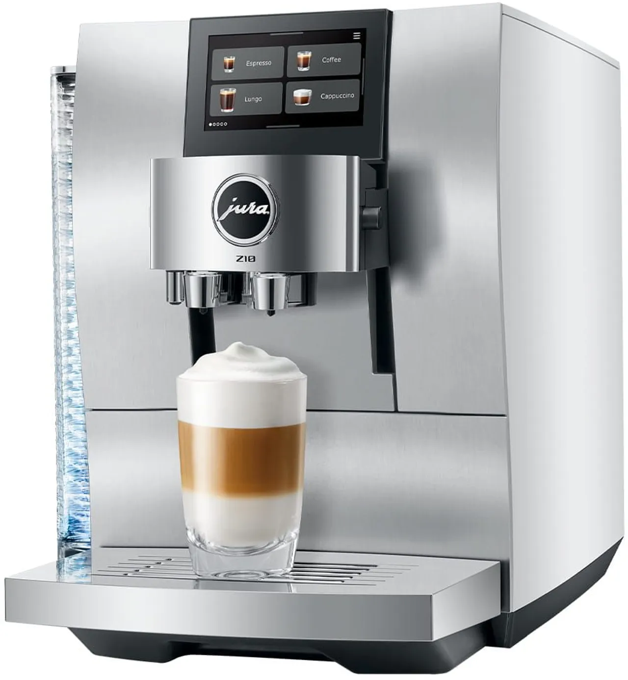 Una macchina da caffè Jura Z10 argentata con un bicchiere di latte macchiato a strati. La macchina ha un touchscreen.