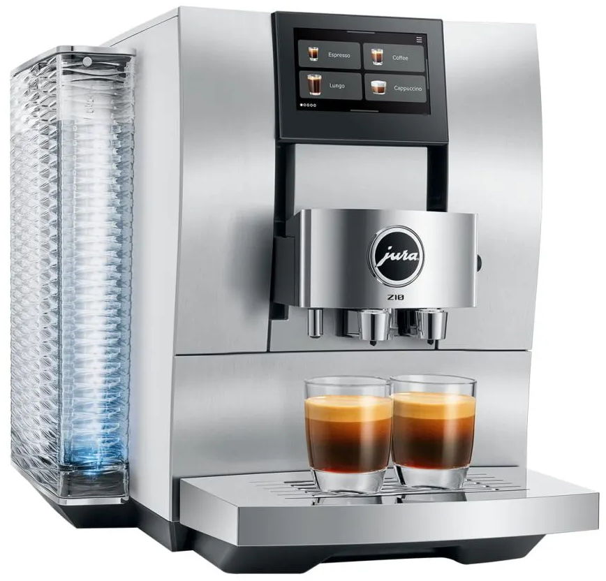 Una macchina da caffè Jura Z10 argentata con due caffè espresso in bicchieri. Display touchscreen con opzioni caffè visibile.