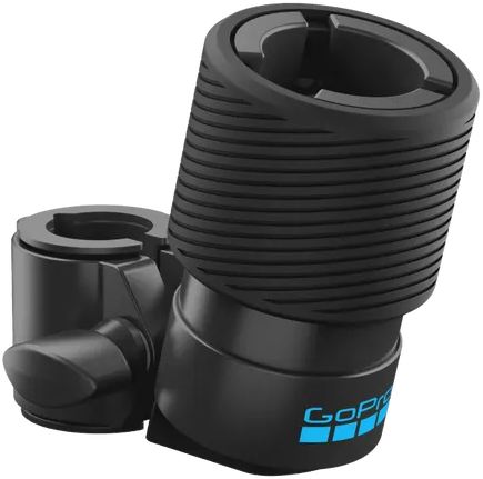 Eine schwarze GoPro-Halterung mit einem geriffelten zylindrischen Teil. Sie hat ein blaues GoPro-Logo. Die Halterung hat zwei Verbindungsteile und eine Schraube.