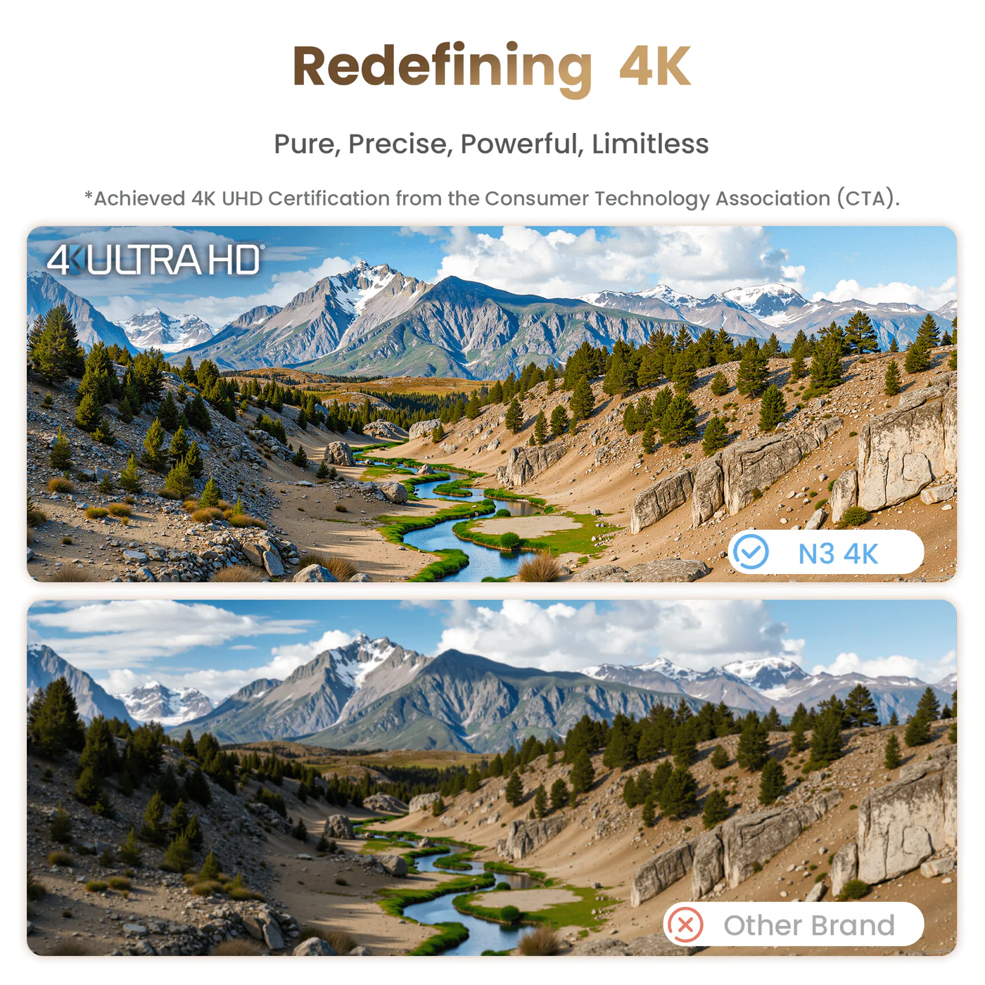 Image comparant deux paysages. Le haut montre montagnes, rivière et arbres, étiquetés N3 4K. Le bas montre un paysage similaire, Autre Marque.