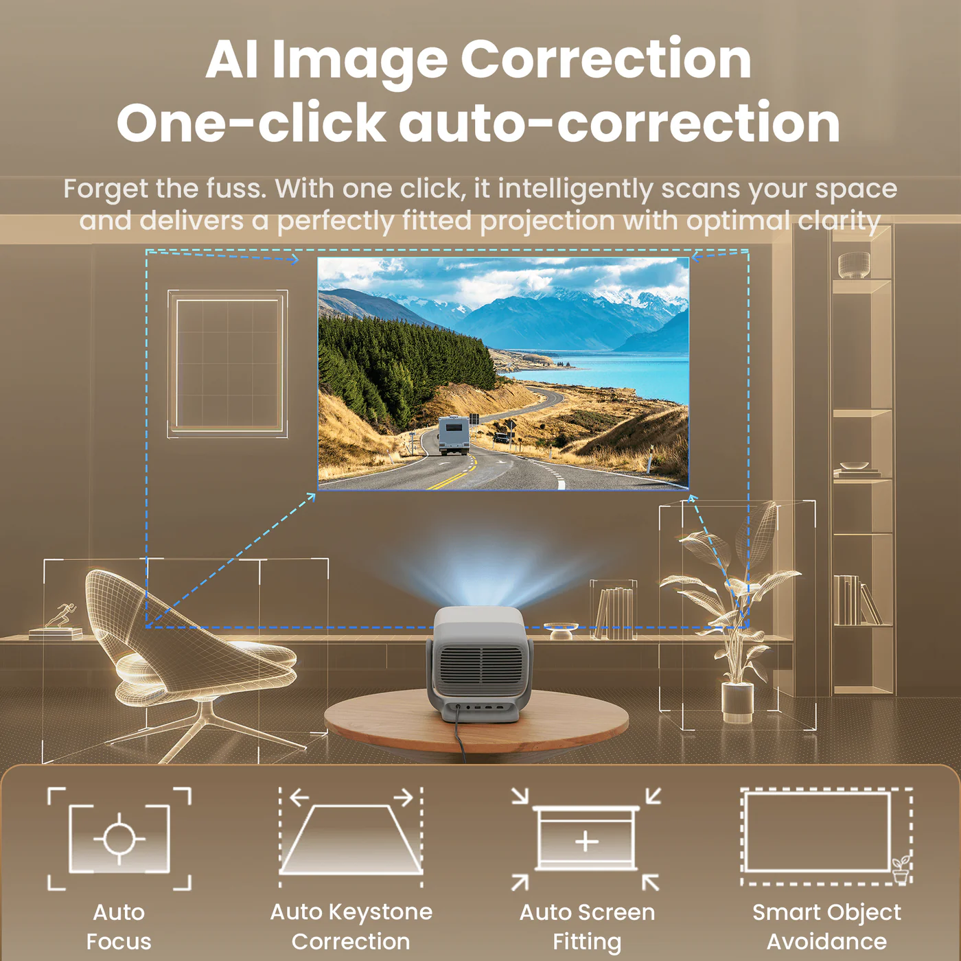 Un projecteur projette une image de route et de montagnes. Les fonctionnalités incluent la mise au point automatique, la correction trapézoïdale et l'évitement d'objets.