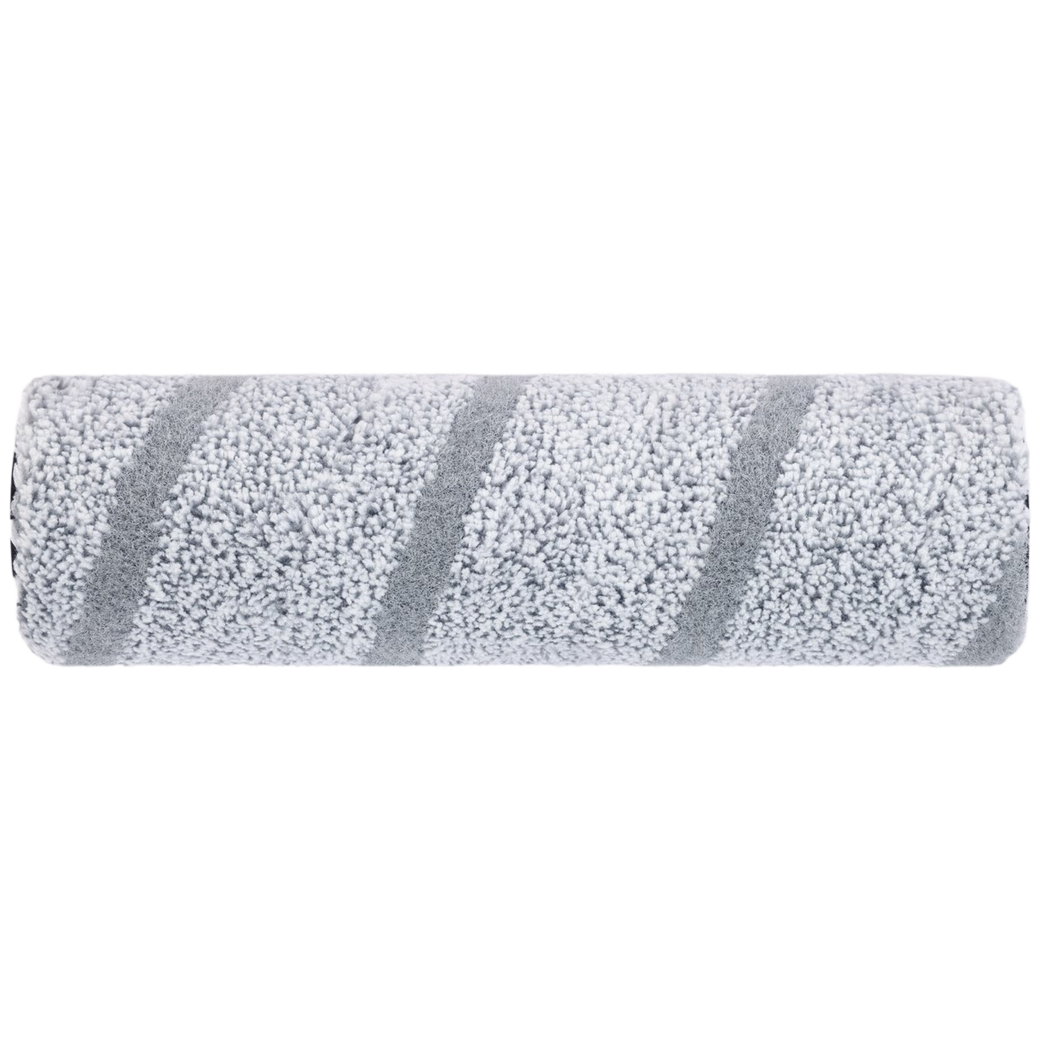 Une tête de balai cylindrique avec des rayures grises et blanches est isolée sur fond blanc. La tête de balai est moelleuse.