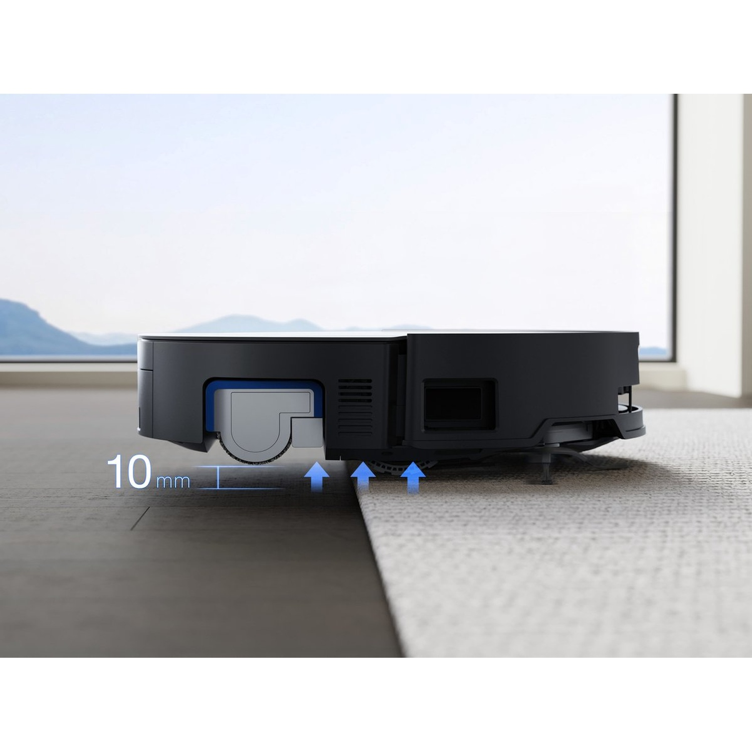 Un aspirateur robot noir est au sol. Il est sur le point de monter sur un tapis. L'arrière-plan est une fenêtre et une montagne.