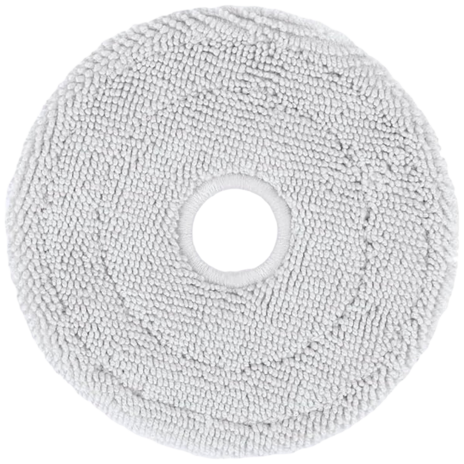 Een cirkelvormige witte dweilkop met een centraal gat. Het oppervlak heeft een textuur, absorberende stof.