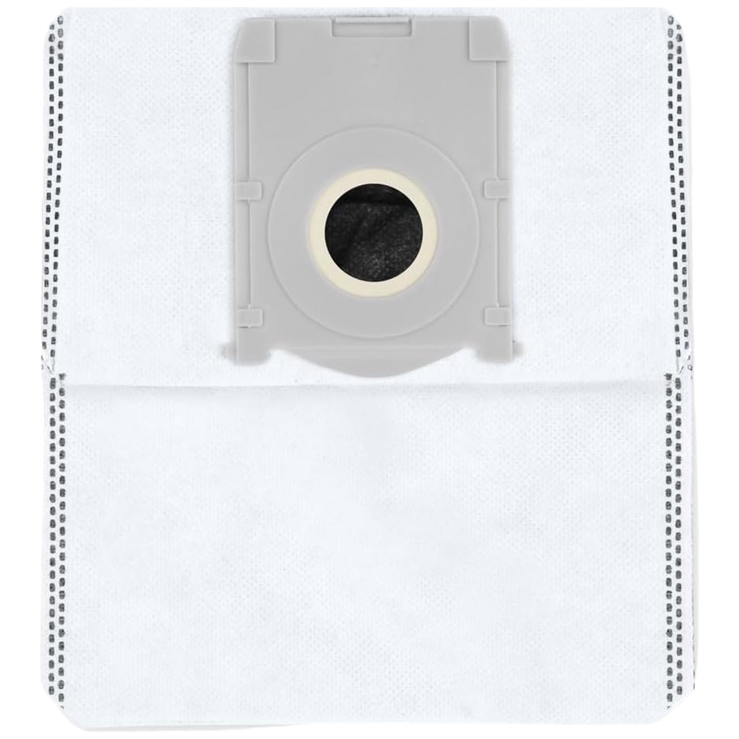 Un sac d'aspirateur blanc avec un dessus en plastique gris. Le plastique a une ouverture circulaire avec un filtre noir à l'intérieur.