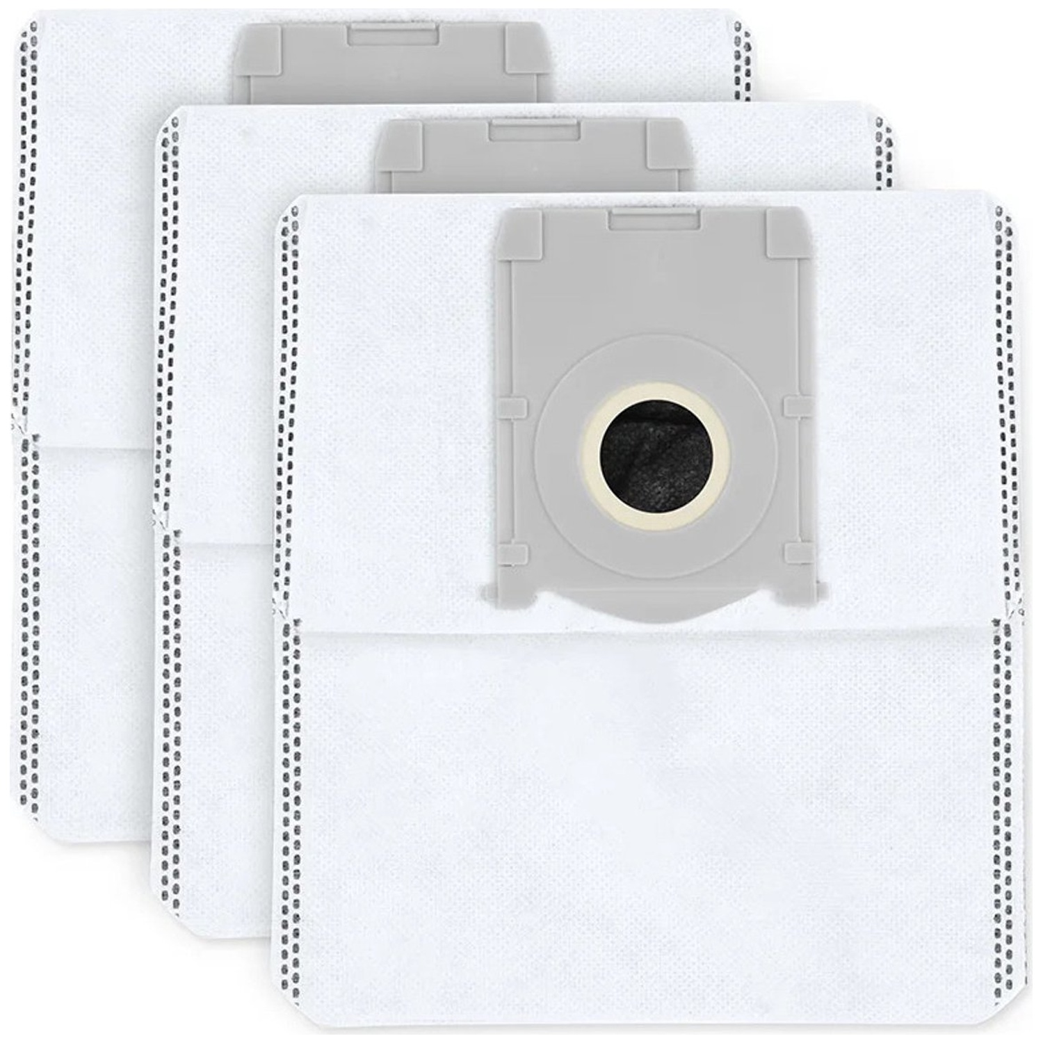 Trois sacs d'aspirateur blancs avec des accessoires en plastique gris. Les sacs ont une bordure pointillée et une ouverture ronde centrale.