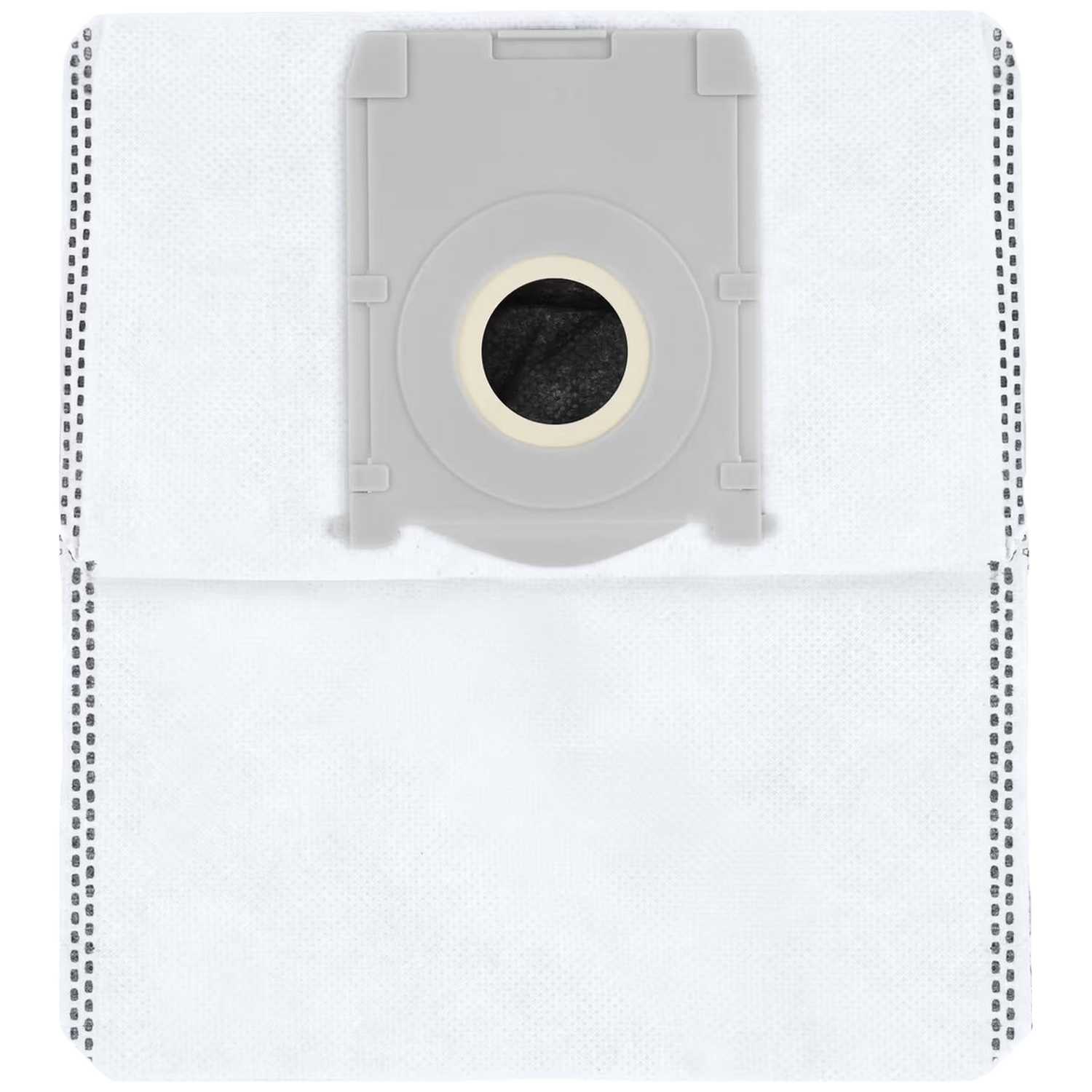 Un sac d'aspirateur blanc avec un support en plastique gris. Le support a un trou central et un anneau beige. Les bords ont des pointillés.