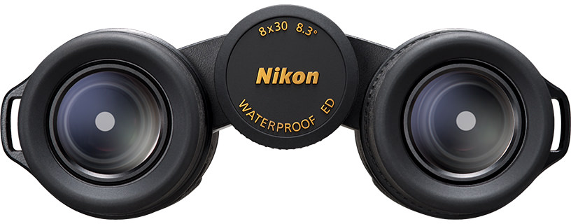 Schwarzes Nikon-Fernglas mit großen Linsen. In der Mitte stehen Markenname und Details. Wasserdicht ED ist ebenfalls darauf geschrieben.
