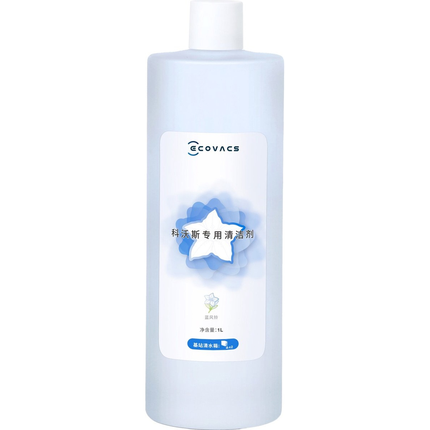 Een lichtblauwe fles reinigingsvloeistof. Het heeft een wit etiket met Chinese tekst en een blauw bloemmotief.