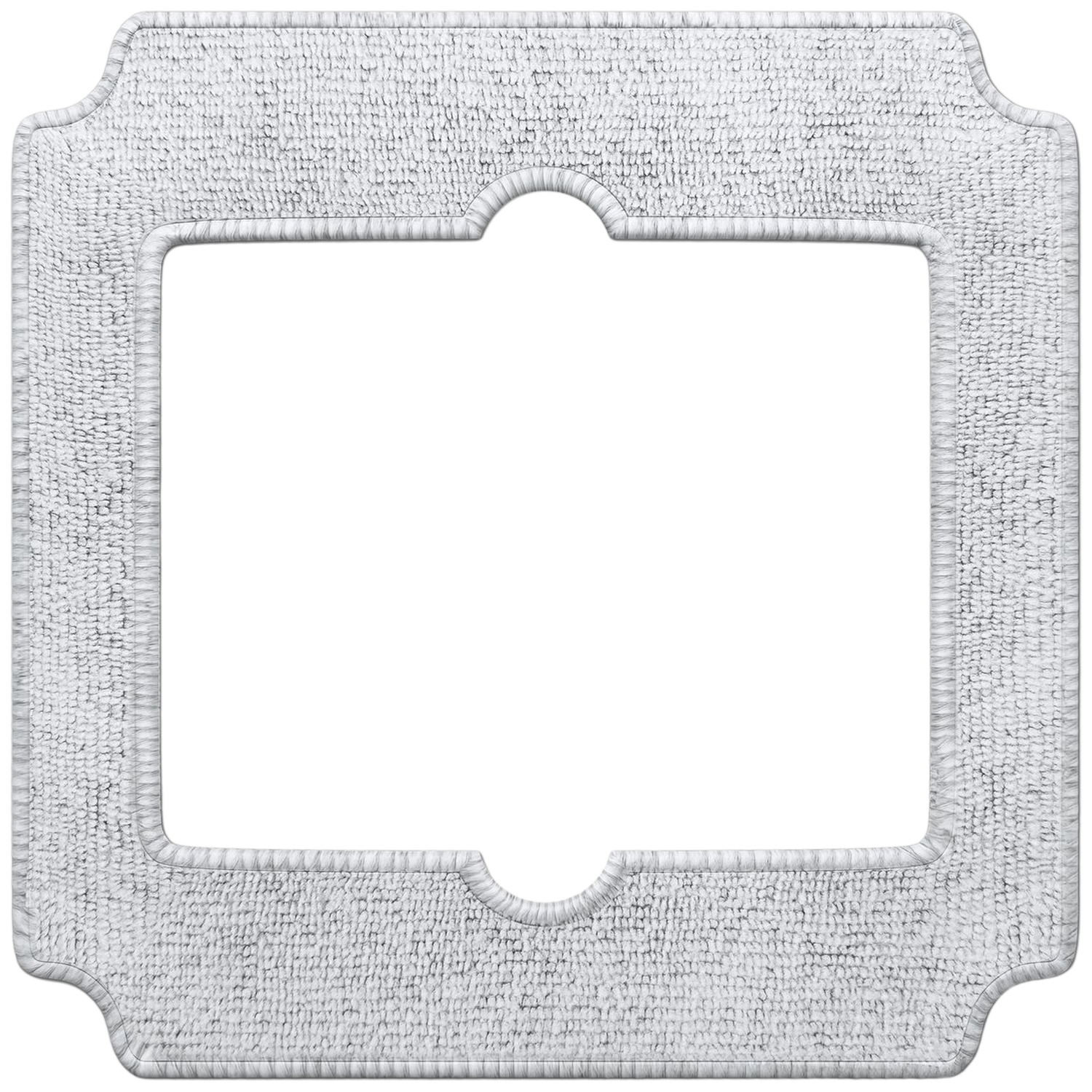 Un cadre blanc texturé avec une ouverture rectangulaire. Le cadre a des coins arrondis et des courbes décoratives.