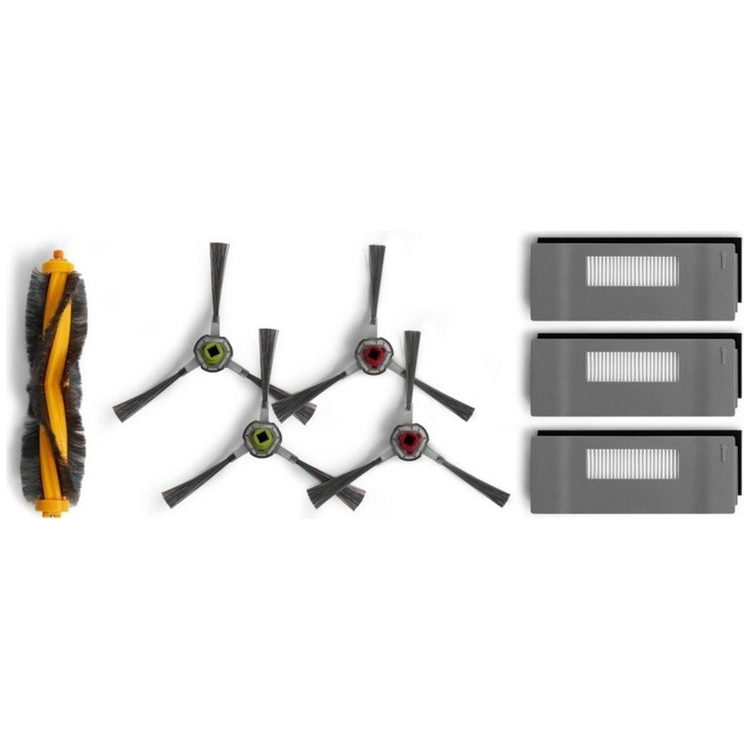 Pièces d'aspirateur robot : rouleau de brosse, brosses latérales et filtres. Fond jaune, noir, gris et blanc.