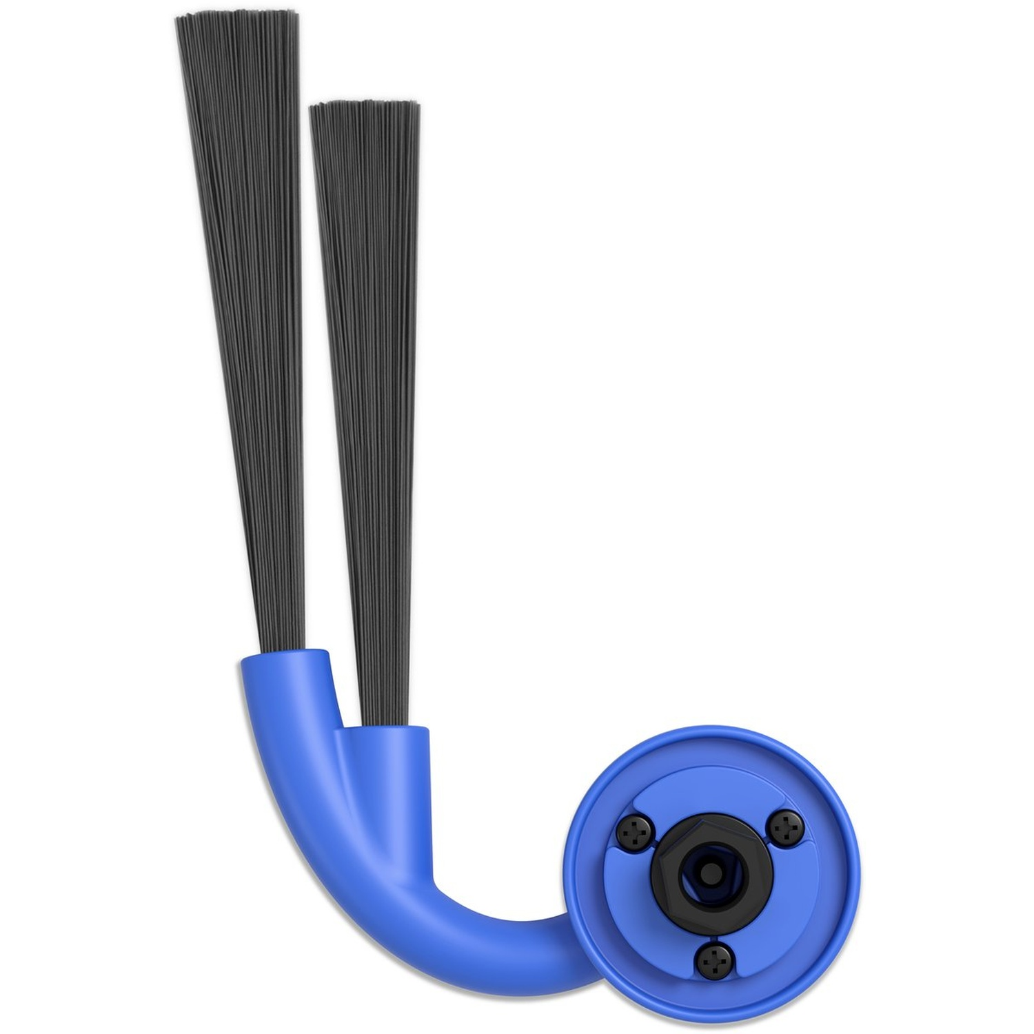 Blauwe en zwarte borstelkop met twee bundels borstelharen en een cirkelvormige basis met schroeven.