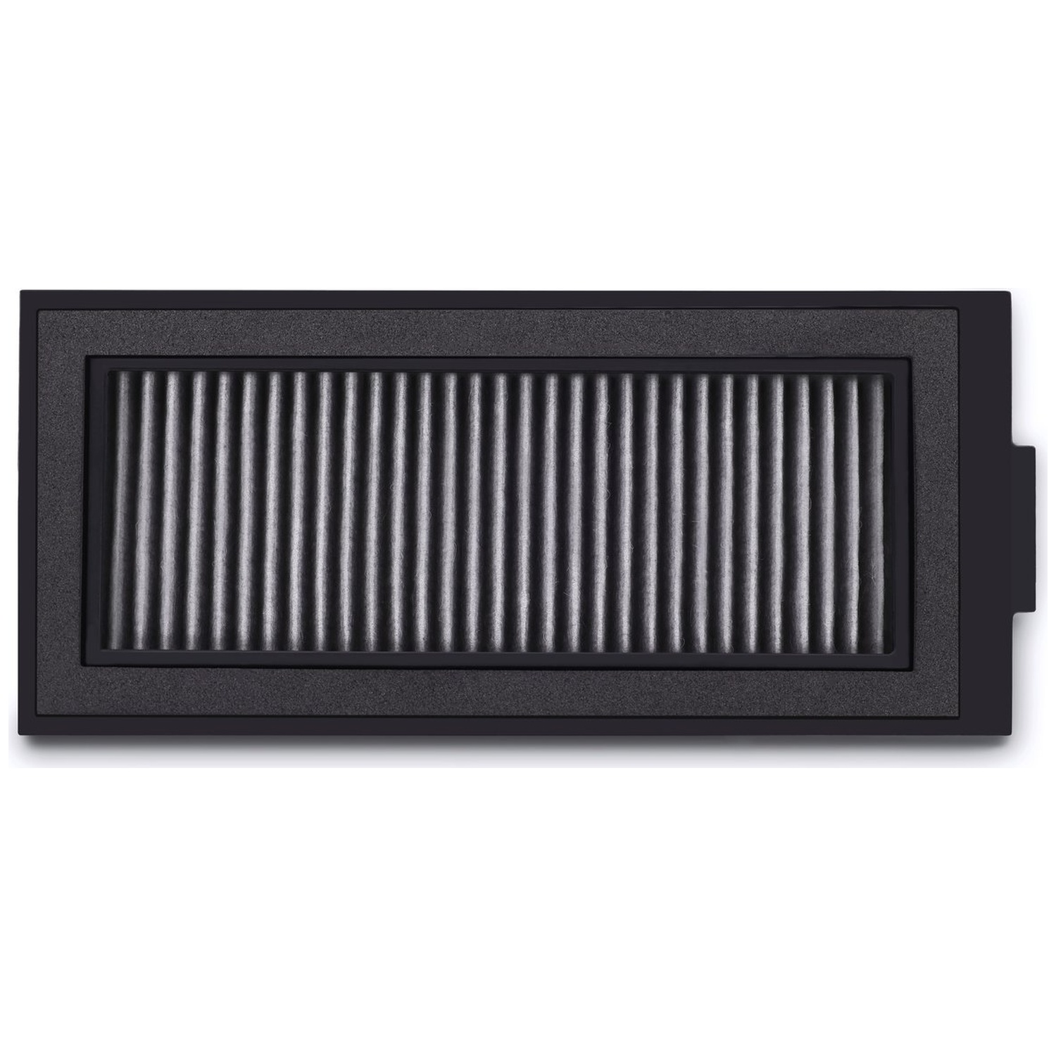 Een rechthoekig luchtfilter met een zwart frame en gegolfd filtermateriaal. De achtergrond is wit.