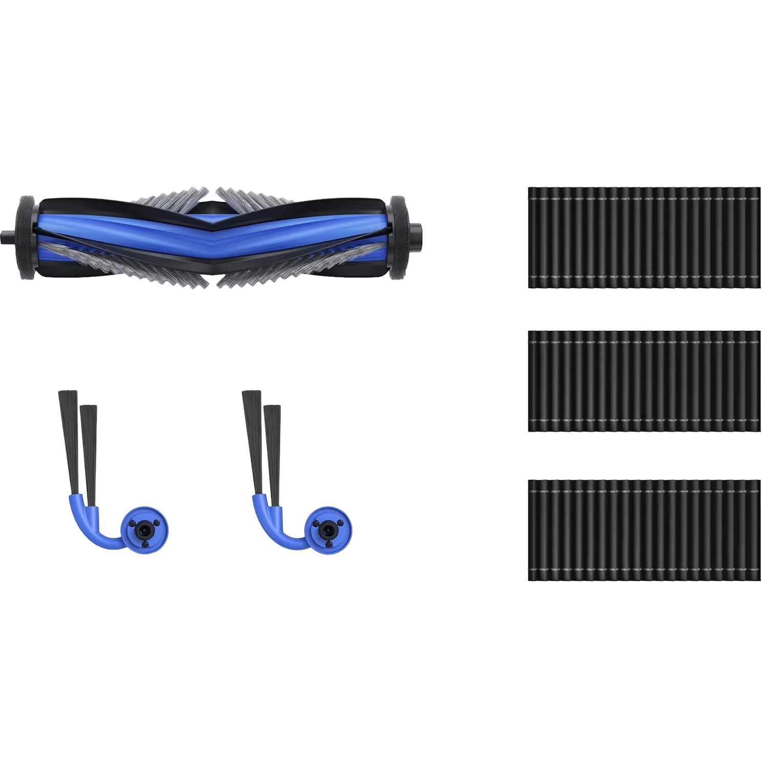 Pièces d'aspirateur : une brosse rouleau, deux brosses latérales et trois filtres noirs sur fond blanc.