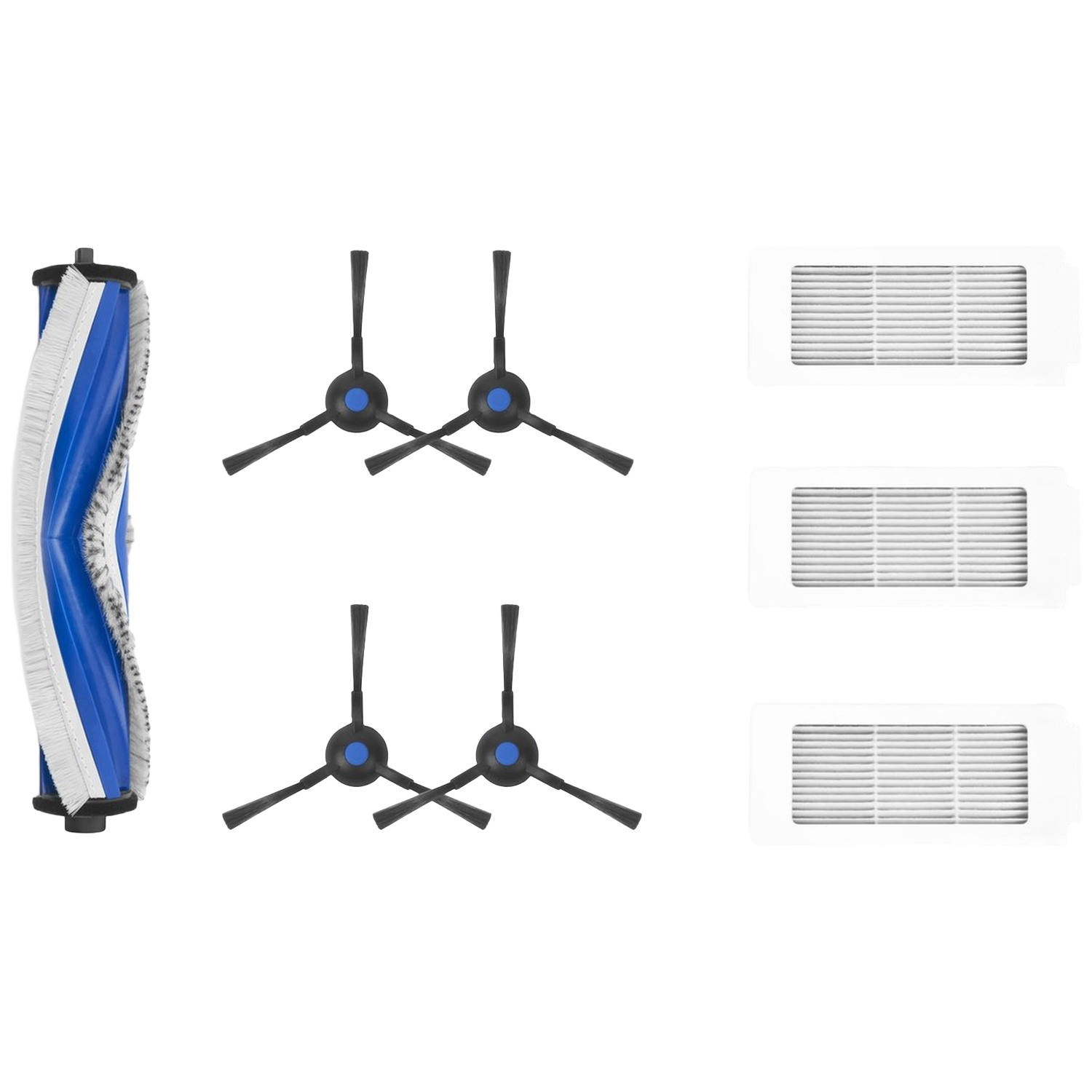 Onderdelen van robotstofzuiger: borstelrol, zijborstels en filters, allemaal geïsoleerd op een witte achtergrond.