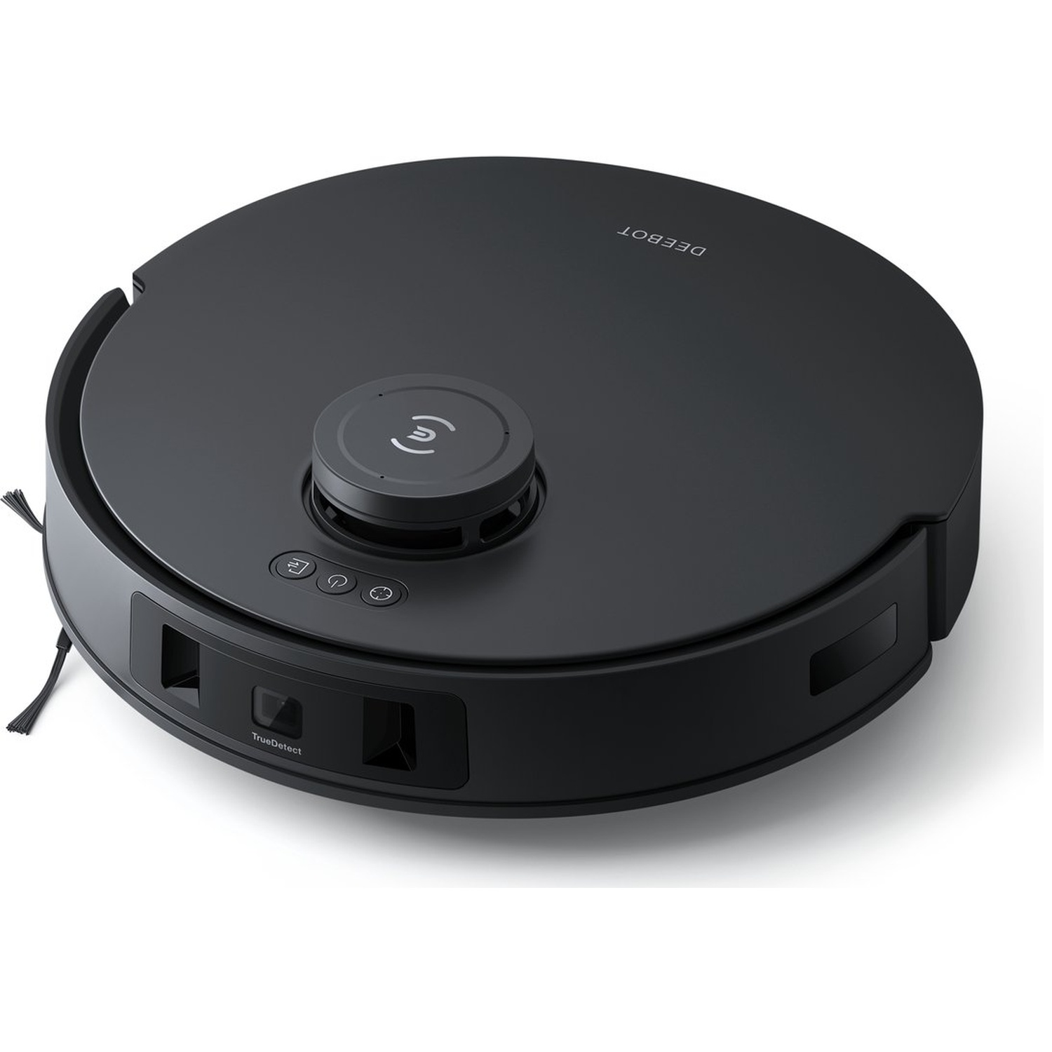 Een zwarte DEEBOT robotstofzuiger, met een cirkelvormig ontwerp. Het heeft knoppen, een sensor en het label TrueDetect.