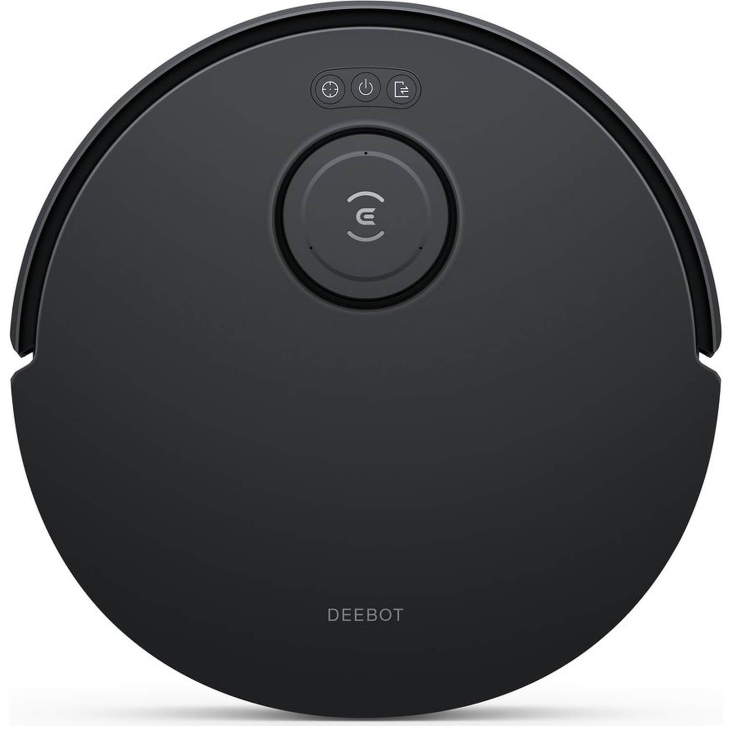 Een zwarte DEEBOT robotstofzuiger. Het heeft een ronde vorm met knoppen bovenop en een centrale knop met een logo.
