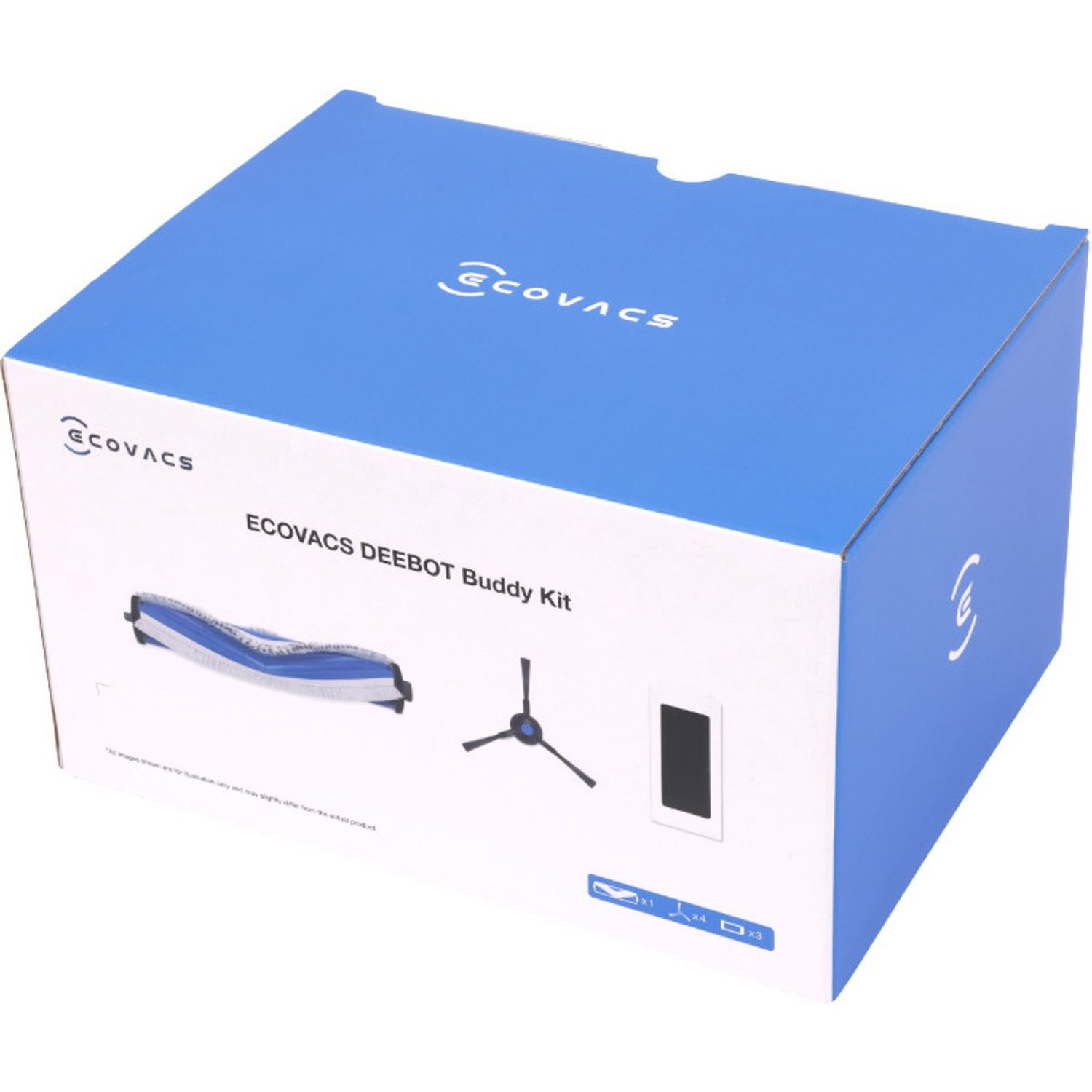 Een doos met het ECOVACS DEEBOT Buddy Kit logo. Bevat een borstel, een zwarte ventilator en een reinigingspad. De doos is blauw en wit.