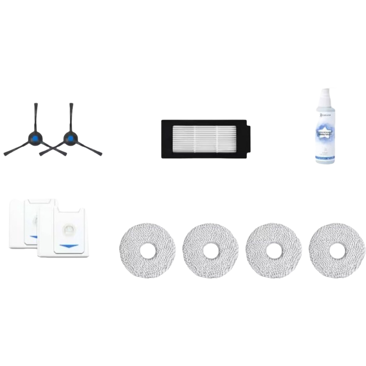 L'image présente des accessoires de robot aspirateur : brosses, filtre, solution de nettoyage, tampons et capteurs, sur fond blanc.
