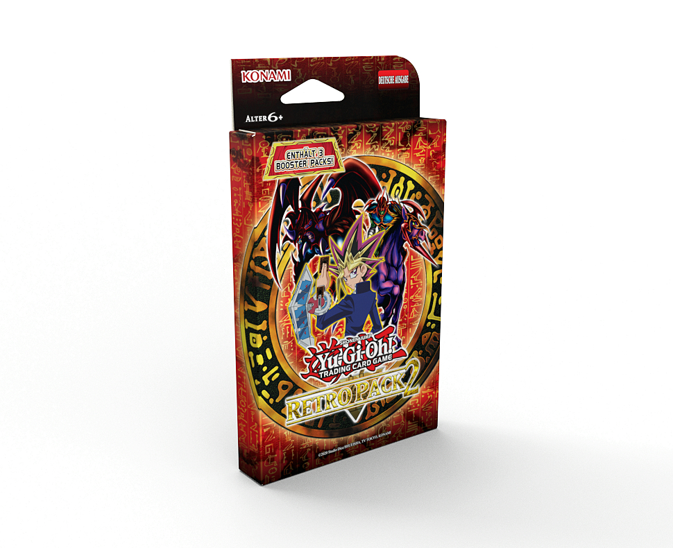 Eine Yu-Gi-Oh! Retro Pack Box steht auf einer weißen Oberfläche. Sie zeigt das Logo des Spiels, Charaktere und sagt 'Enthält 3 Booster Packs'.