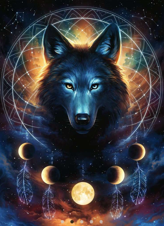Ein Wolfskopf mit leuchtenden Augen, umgeben von einem Traumfänger, Monden und Federn vor einem Sternenhimmel.