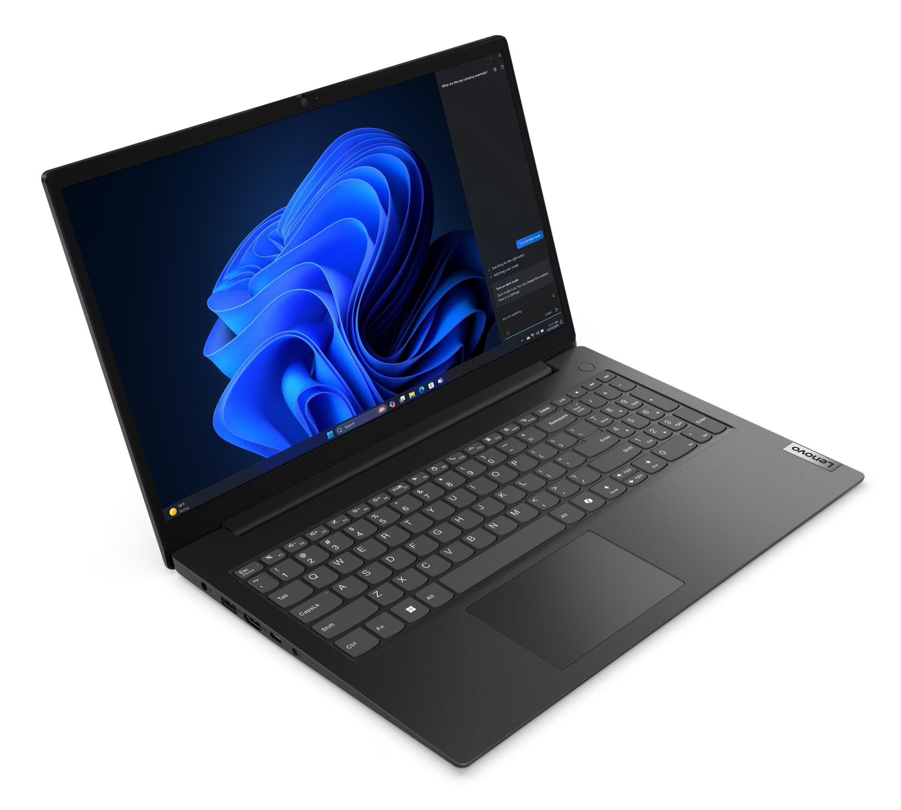 Czarny laptop Lenovo na białej powierzchni. Ekran pokazuje niebieski abstrakcyjny obraz i interfejs Windows, klawiaturę i touchpad.
