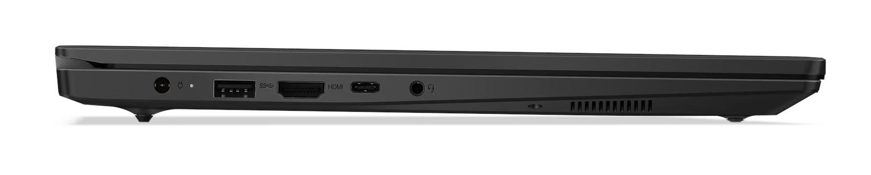 Widok z boku czarnego laptopa. Widoczne porty to zasilanie, USB, HDMI i audio. Laptop spoczywa na białej powierzchni.