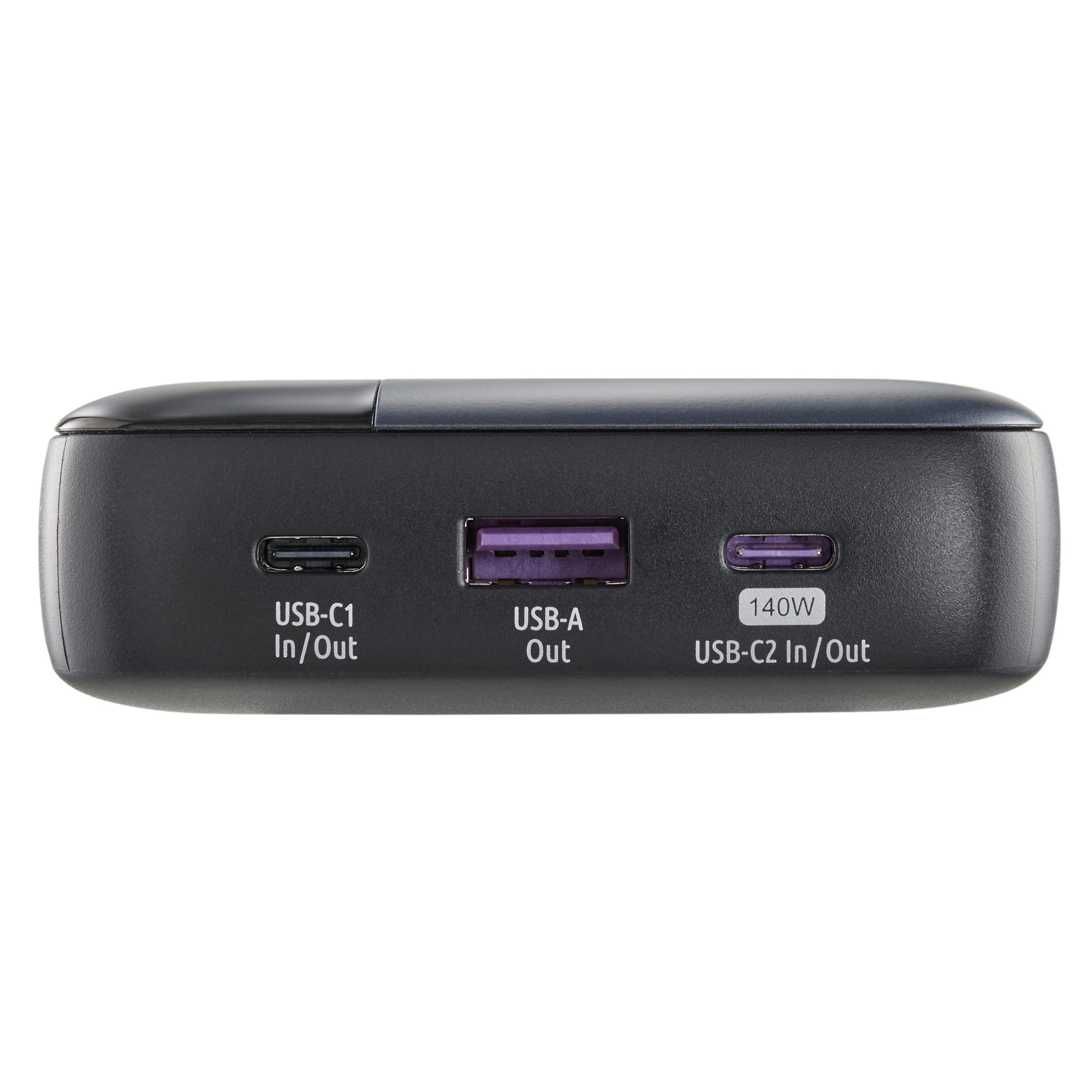 Schwarze Powerbank mit USB-Anschlüssen: C1 In/Out, A Out und C2 In/Out. Sie hat einen lila Anschluss und 140W.