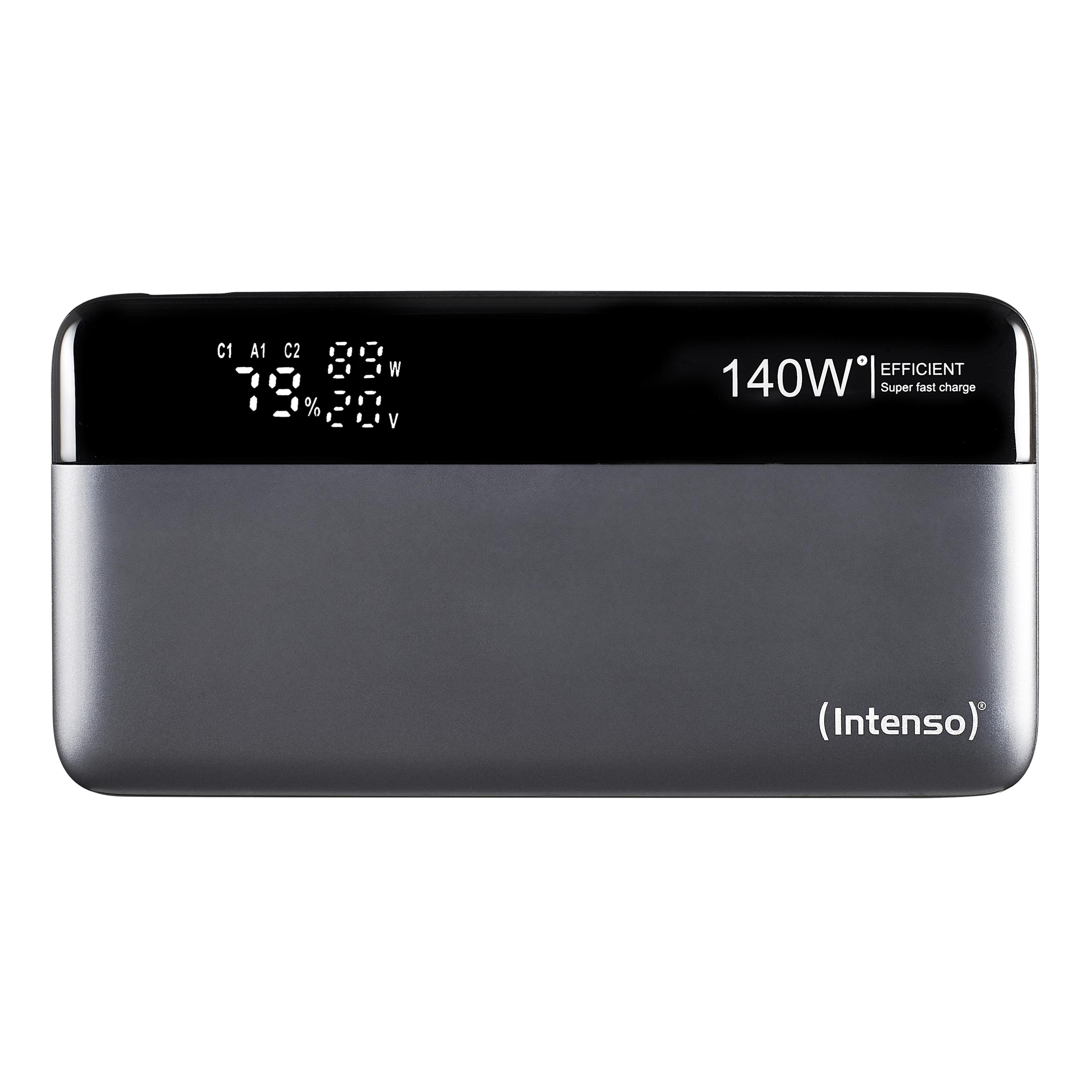 Eine dunkelgraue Powerbank mit schwarzer Oberseite, die Ladeinformationen und 140W effizientes Schnellladen anzeigt.