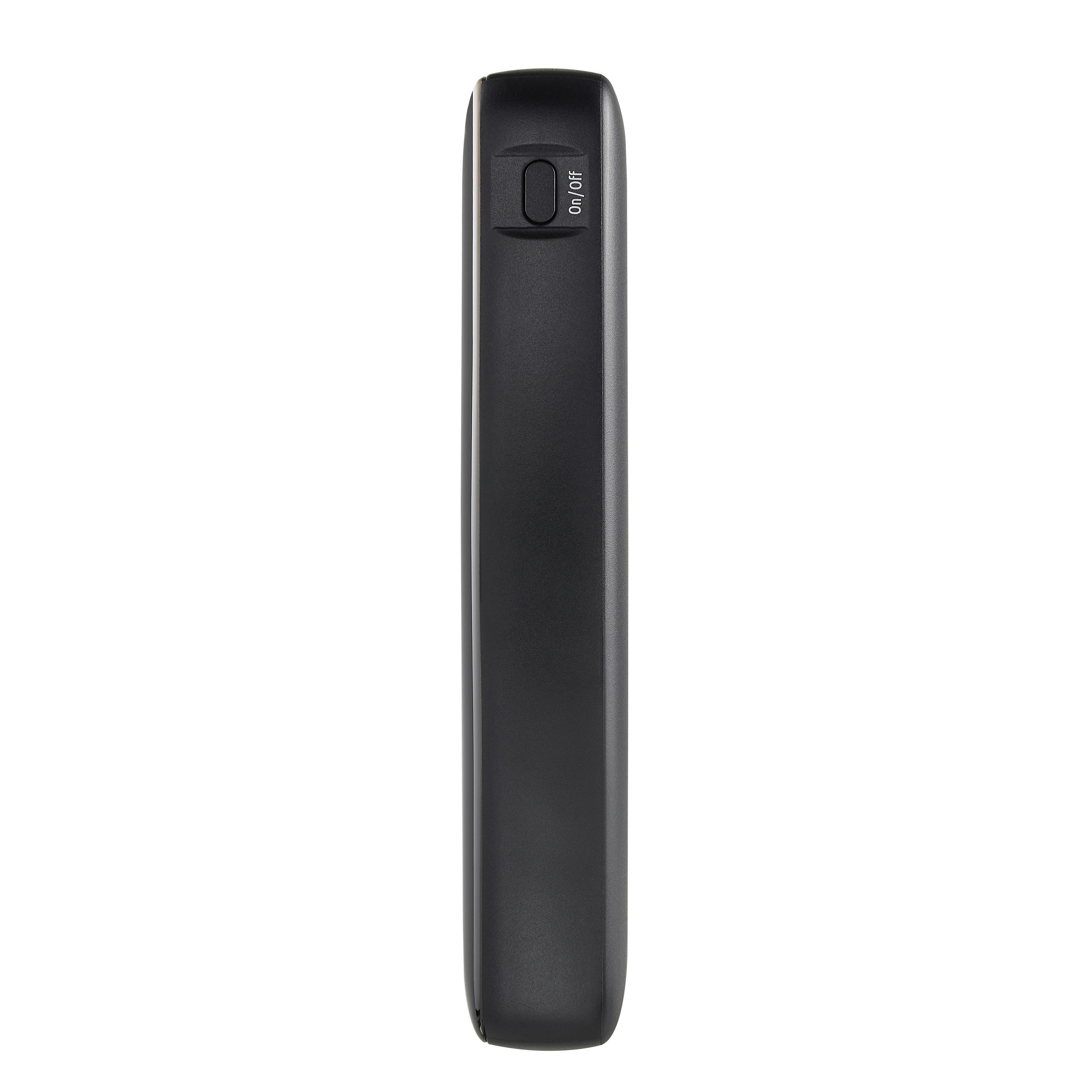 Eine schwarze Powerbank vor weißem Hintergrund. Mit Ein-/Aus-Taste.
