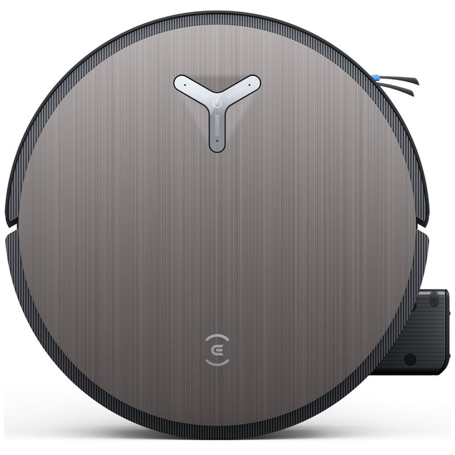 Un aspirateur robot gris est présenté. Il a une forme ronde avec une surface texturée, un bouton d'alimentation et une station de charge.