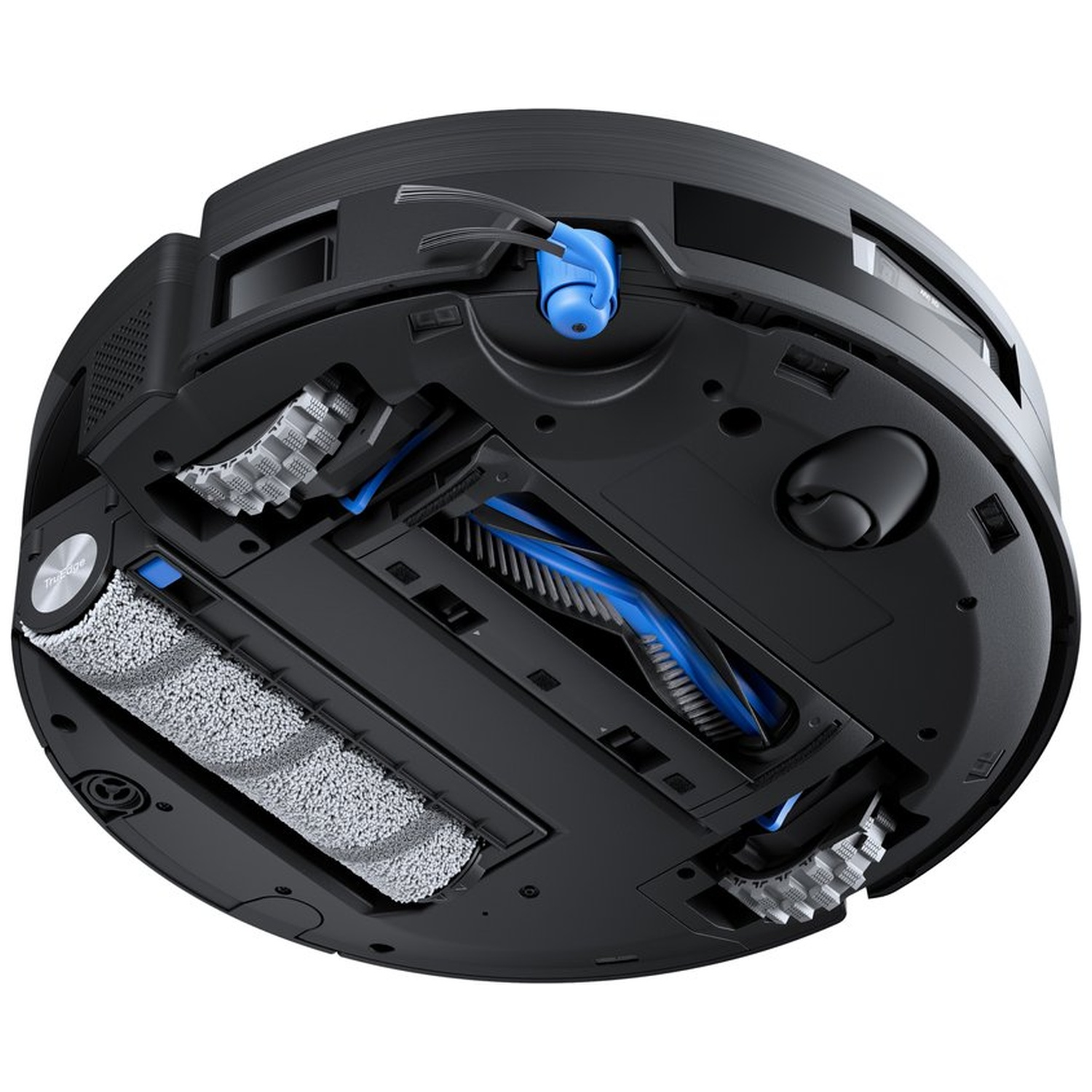Un aspirateur robot noir vu d'en bas. Il a des brosses rotatives, des roues et un composant de nettoyage bleu.