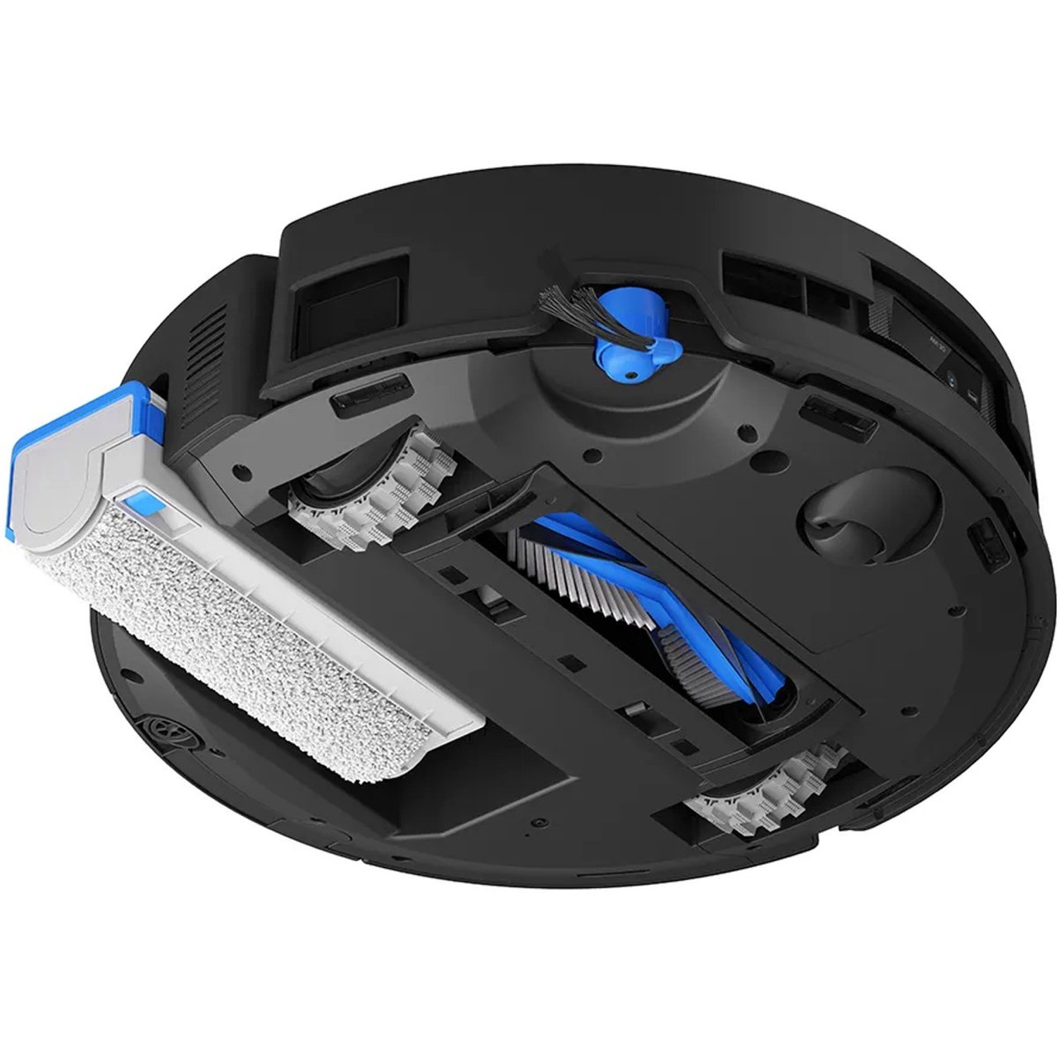 Zwarte robotstofzuiger, onderaanzicht. Toont borstels, wielen en reinigingscomponenten in blauw en wit.