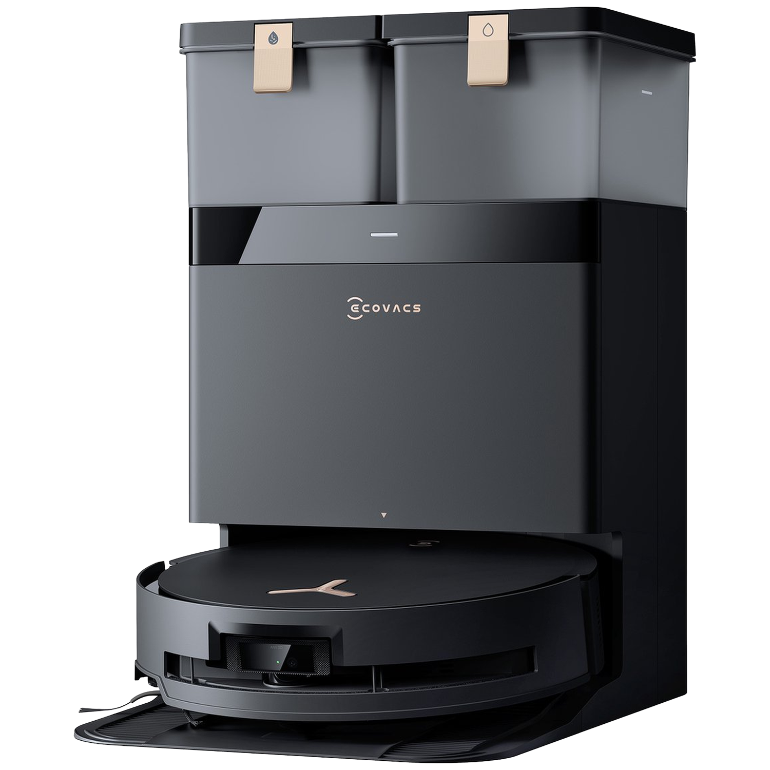 Un aspirateur robot Ecovacs gris foncé avec station d'accueil. Il a une base ronde, deux bacs supérieurs et des accents dorés.