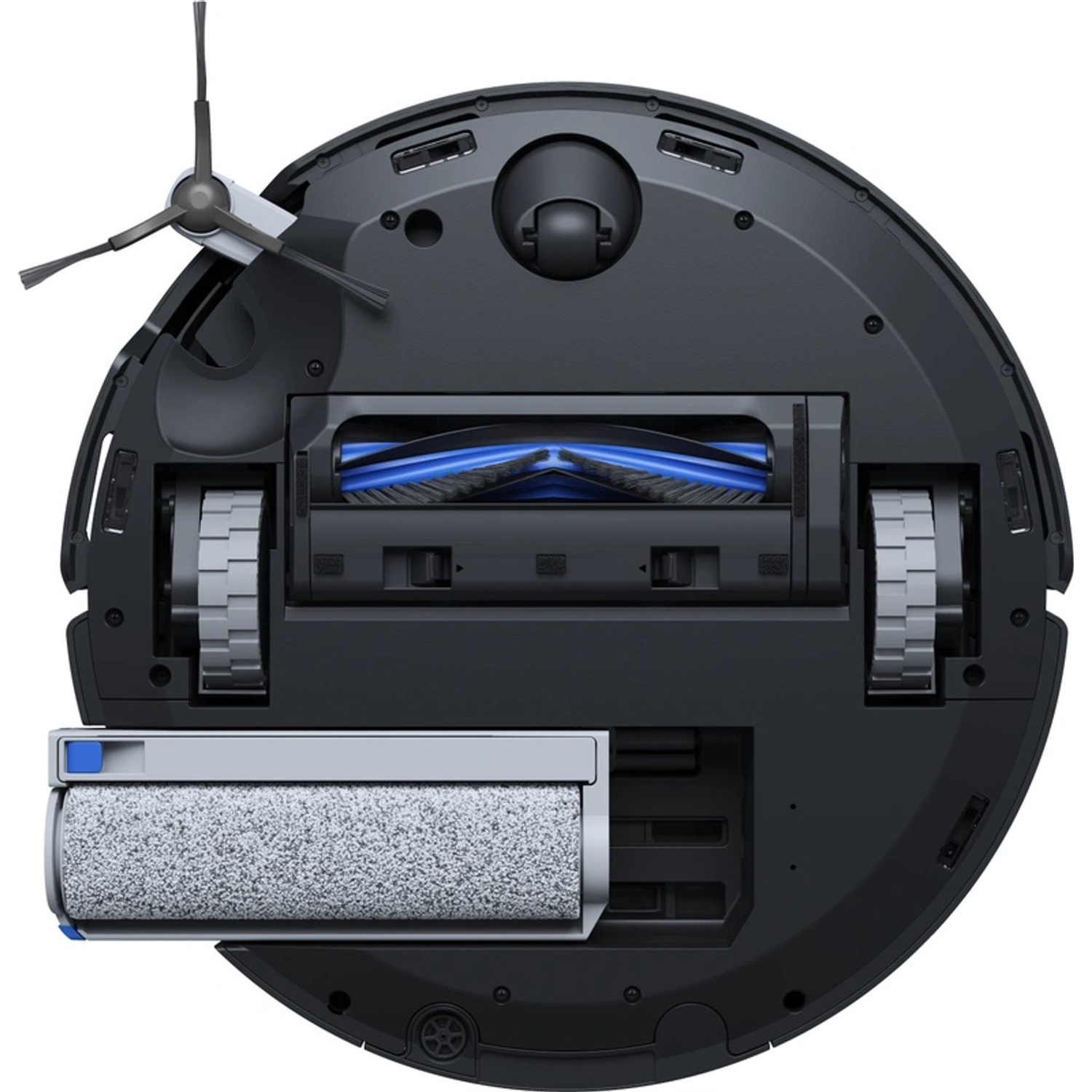 Vue de dessous d'un aspirateur robot noir. Comprend des roues, une brosse, un rouleau et des composants bleus et gris.
