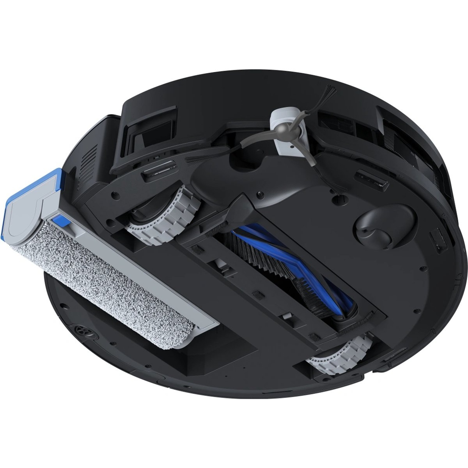 Dessous d'un aspirateur robot noir, montrant des brosses, un rouleau et des roues. Il a des composants gris, bleus et blancs.
