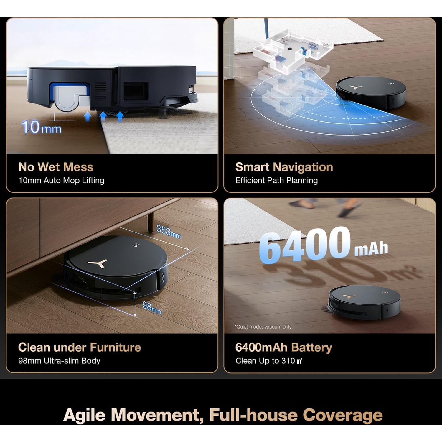L'image présente un robot aspirateur noir. Elle met en évidence des fonctionnalités telles que le relevage de la serpillère de 10 mm, la navigation intelligente, le nettoyage sous les meubles et la batterie de 6400 mAh.