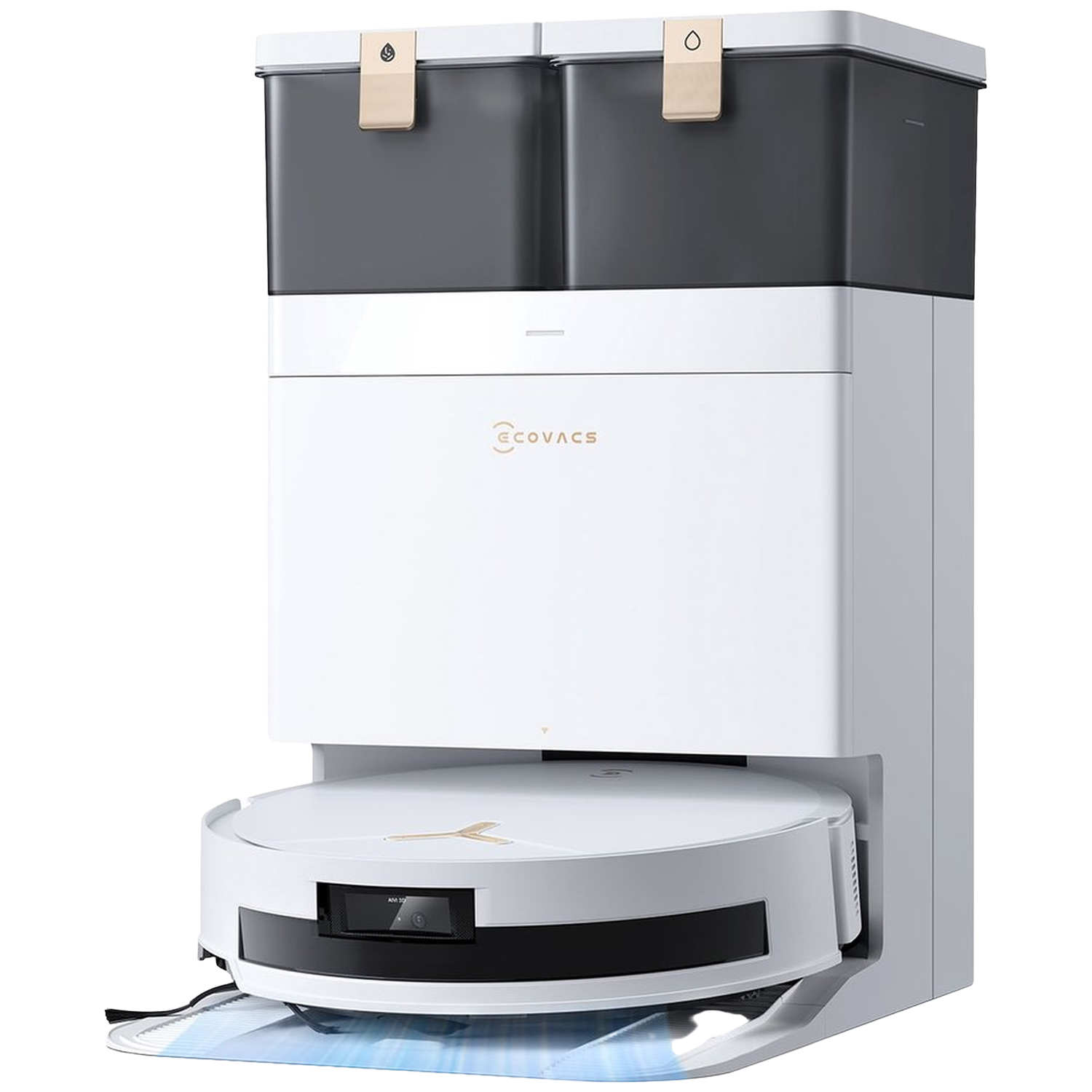 Un aspirateur robot blanc et gris avec une station de charge. Le haut a deux compartiments gris foncé. L'aspirateur est rond.